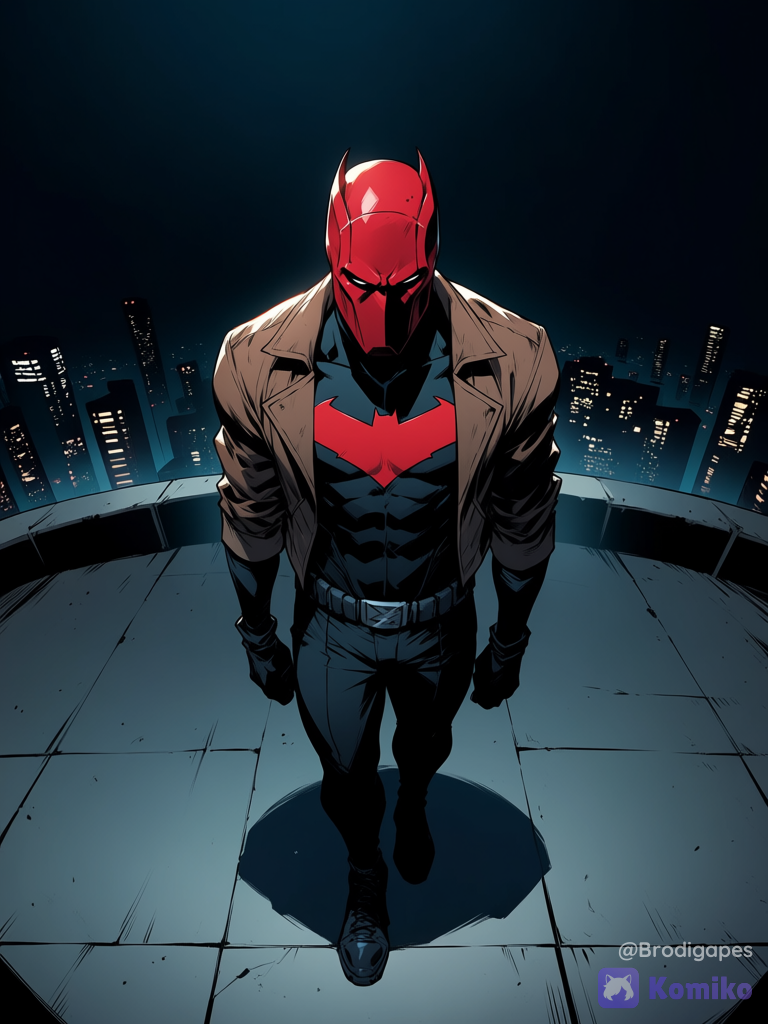 red hood \(dc\), dc comics, 1boy, hair, two-tone bodysuit, black gloves, brown jacket, black bodysuit, mask, black shirt, black pants, red mask, open jacket, two-tone bodysuit, superhero costume, muscular male, superhero costume, solo, rooftop, from above, full body, facing viewer, night, red helmet, covered head
