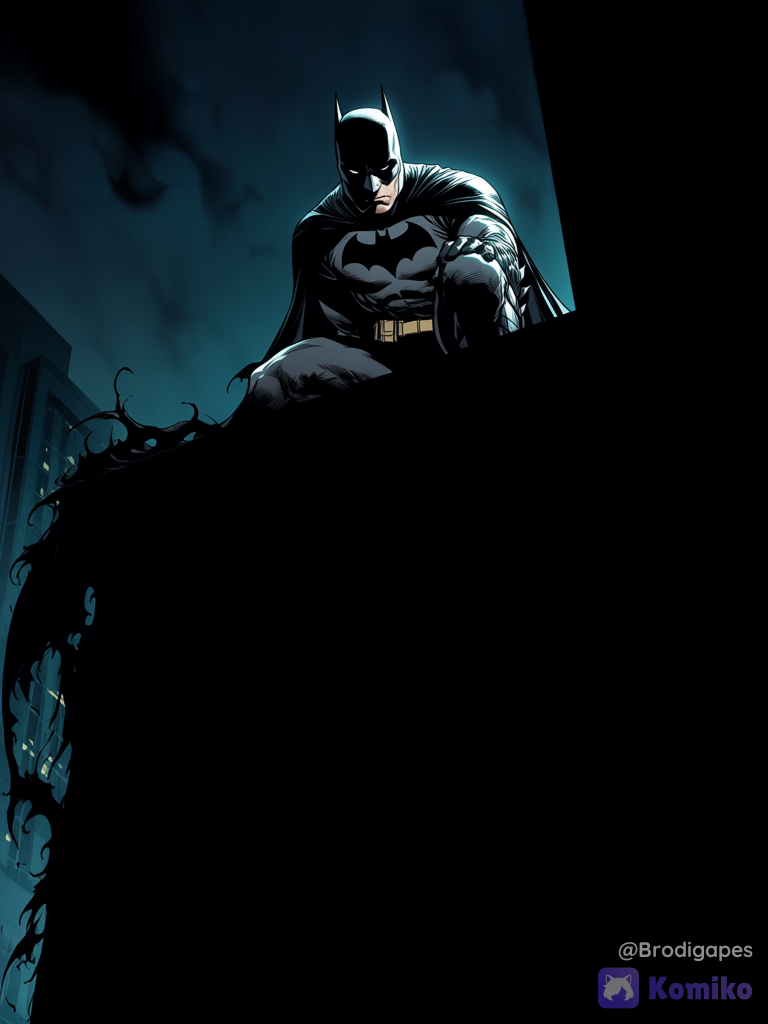batman, dc comics, 1boy, mask, black cape, superhero costume, muscular male, superhero costume, sitting, squatting, rooftop, from below, solo, looking at viewer, horror (theme), night, darkness