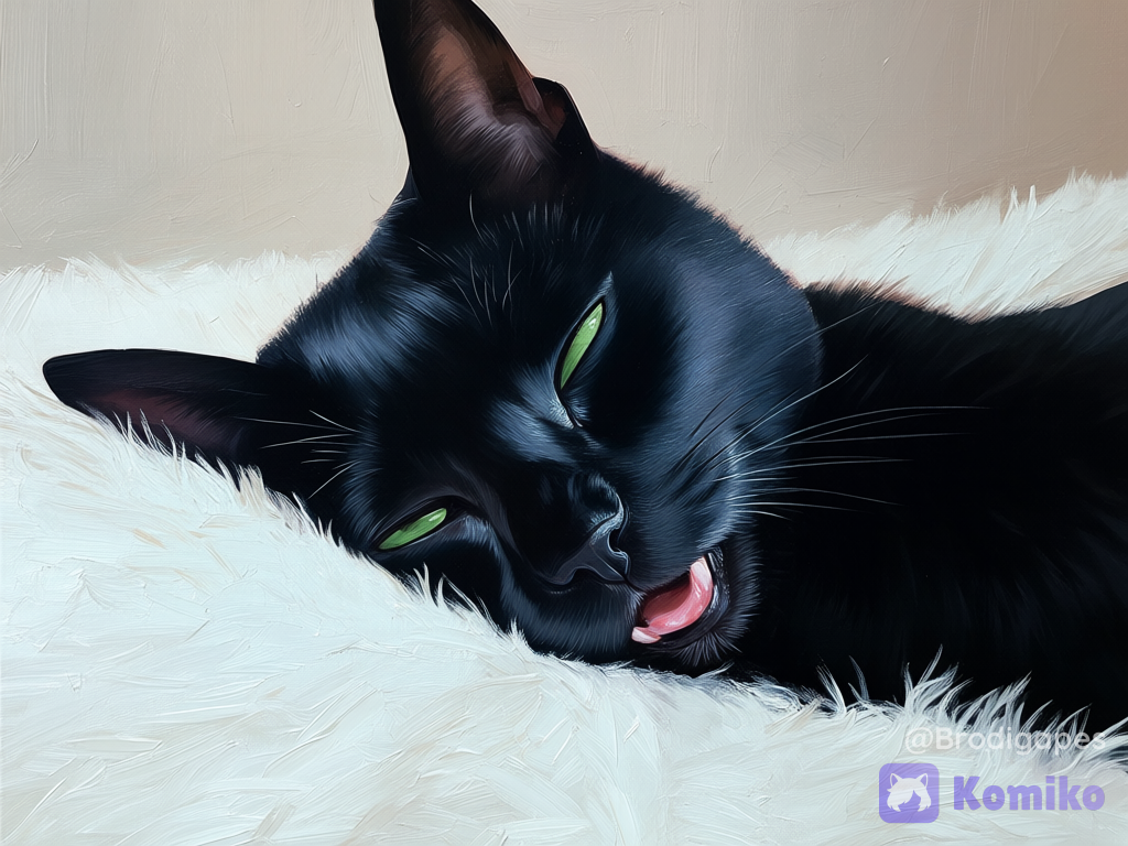 no humans, black cat, solo, lying, on side, on bed, white fur bed sheet, portrait, sleeping, half-closed eyes, open mouth, fucked silly, acrylic paint (medium), green eyes, faux traditional media