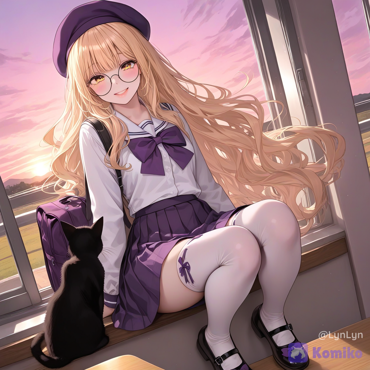 Dreamy pastel-purple school album cover, @lynlyn-20-zQh4 wearing a Japanese school uniform, a cute smile, sitting on the windowsill of a classroom with a cat beside her, wearing a purple beret, no flower crown, hair down, a school backpack on the floor, a warm golden sunset streaming through the large windows, a pink and purple sky, soft cinematic lighting, a cozy “kawaii” aesthetic, a soft glow, a nostalgic atmosphere, a high level of detail, vertical composition., [luminous-k-portrait-style]