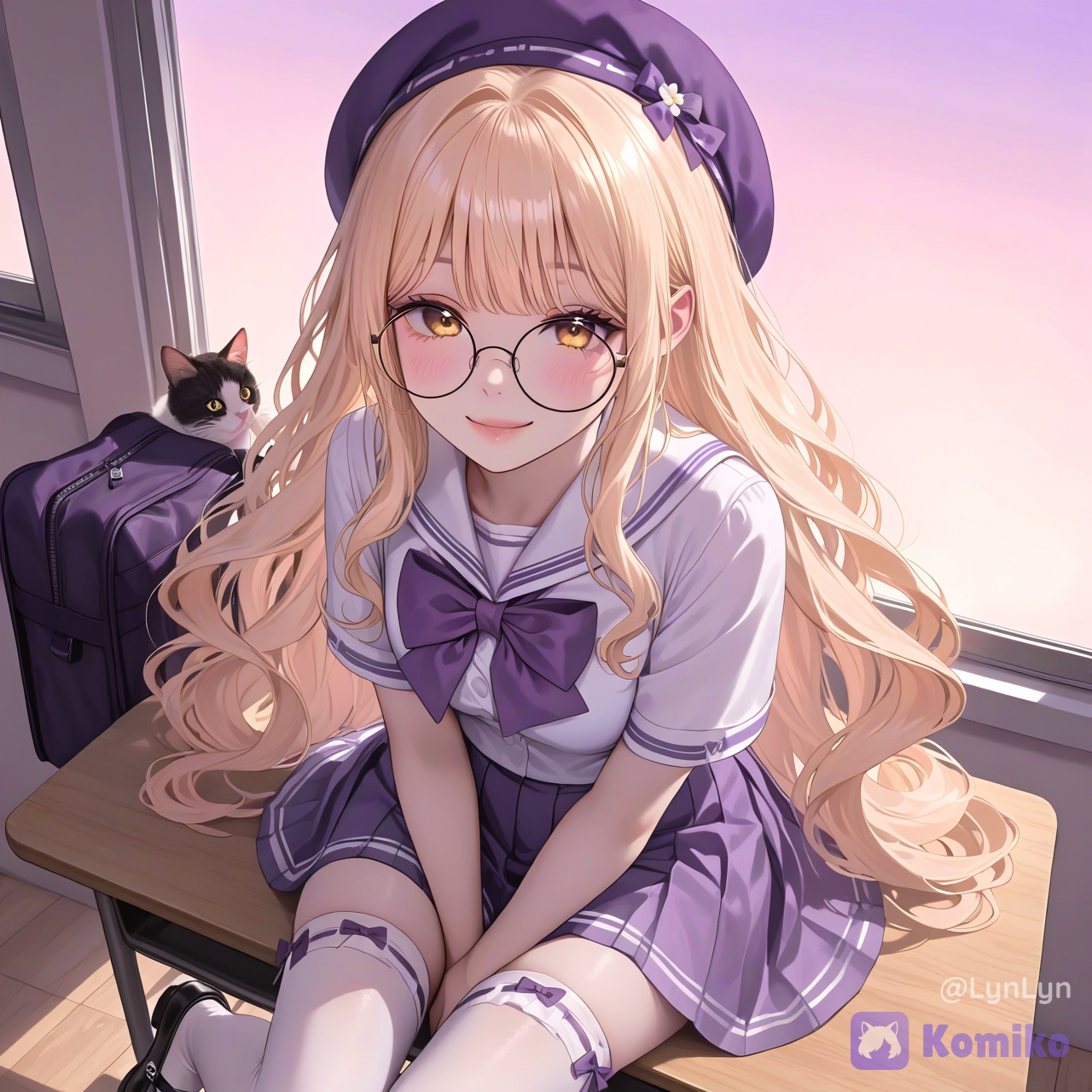 Dreamy pastel-purple school album cover, @lynlyn-20-zQh4 wearing a Japanese school uniform, a cute smile, sitting on the windowsill of a classroom with a cat beside her, wearing a purple beret, no flower crown, hair down, a school backpack on the floor, a warm golden sunset streaming through the large windows, a pink and purple sky, soft cinematic lighting, a cozy “kawaii” aesthetic, a soft glow, a nostalgic atmosphere, a high level of detail, vertical composition., from above, [luminous-k-portrait-style]