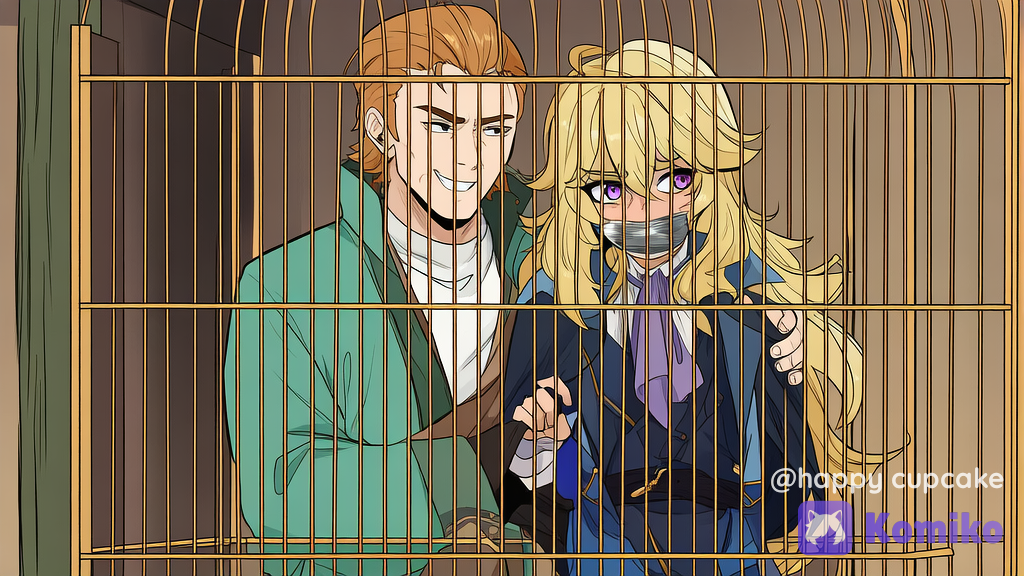 [pop-anime-style], Genshin Impact, anime coloring, anime screencap, Nijee kidnaps Luluka and locks her in a cage inside an evil castle, illustrated in the style of a beautiful manhwa webtoon with semi-realistic drawing, soft shading, cinematic panel feel, polished professional finish, and a very classic manhwa aesthetic.