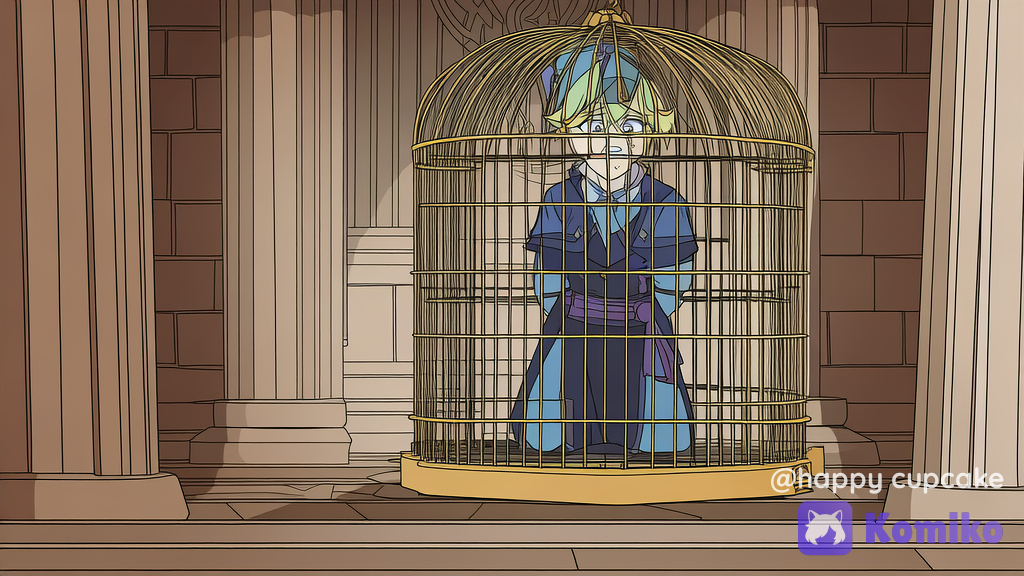 [pop-anime-style], Genshin Impact, anime coloring, anime screencap, Nijee kidnaps Luluka and locks her in a cage inside an evil castle, illustrated in the style of a beautiful manhwa webtoon with semi-realistic drawing, soft shading, cinematic panel feel, polished professional finish, and a very classic manhwa aesthetic.