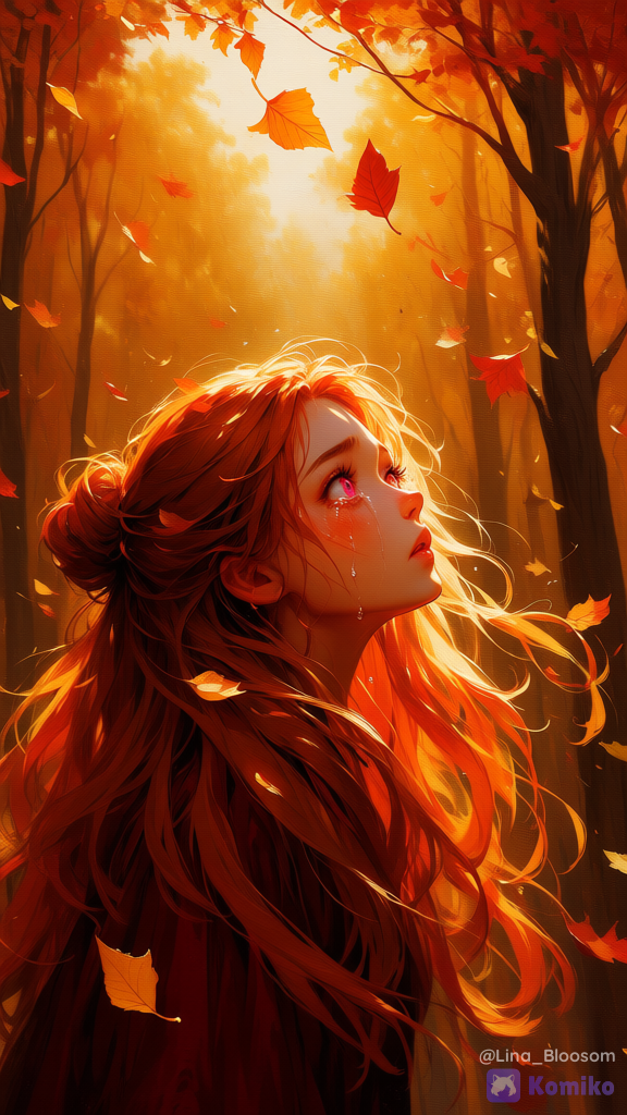 una mujer hermosa, cabello naranja, cabello largo, bun, ojos magenta, llorando desconsoladamente, lindura, en medio de un bosque de otoño, intentando tomar una hoja que vuela, rostro expresivo con lágrimas brillantes rodando por sus mejillas, obra de arte magistral, estilo pintura al óleo detallada, paleta de colores cálidos dorados naranjas y rojos con tonos melancólicos, hojas secas cayendo suavemente alrededor de ella, luz natural entrecortada filtrándose a través de los árboles, composición dramática e hiperdetallada, iluminación suave, atmósfera emocional y nostálgica, textura de lienzo visible, resolución 8k, mejor calidad, over-the-shoulder shot