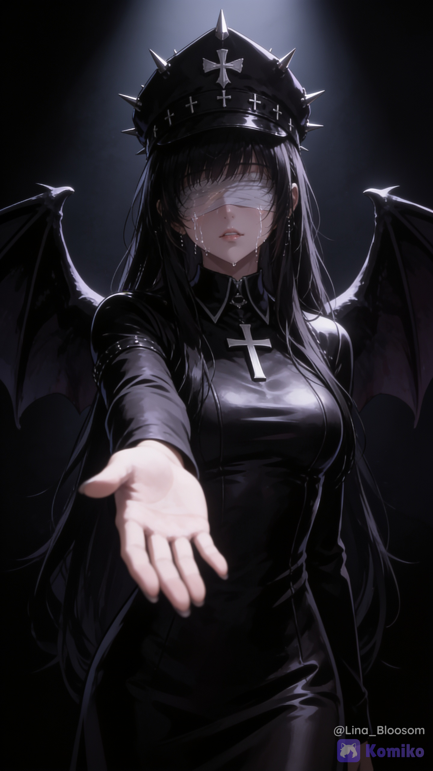 Alsta calidad, 1 woman, @lawren-hearts-93WS, anime girl, dark gothic, black hair, blindfold, tears, reaching hand out, peaked cap with spikes and crosses, bat wings, dark latex dress, cross necklaces, dark background, dramatic cinematic lighting, alta calidad, 8K, 最後の別れ