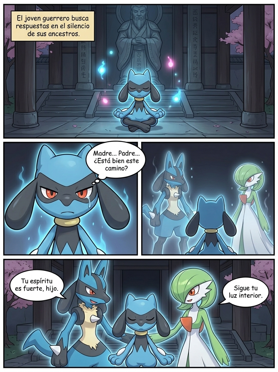 @Riolu, en posición de meditación, con los espíritus de sus padres detrás, un Lucario como padre y una Gardevoir como madre.