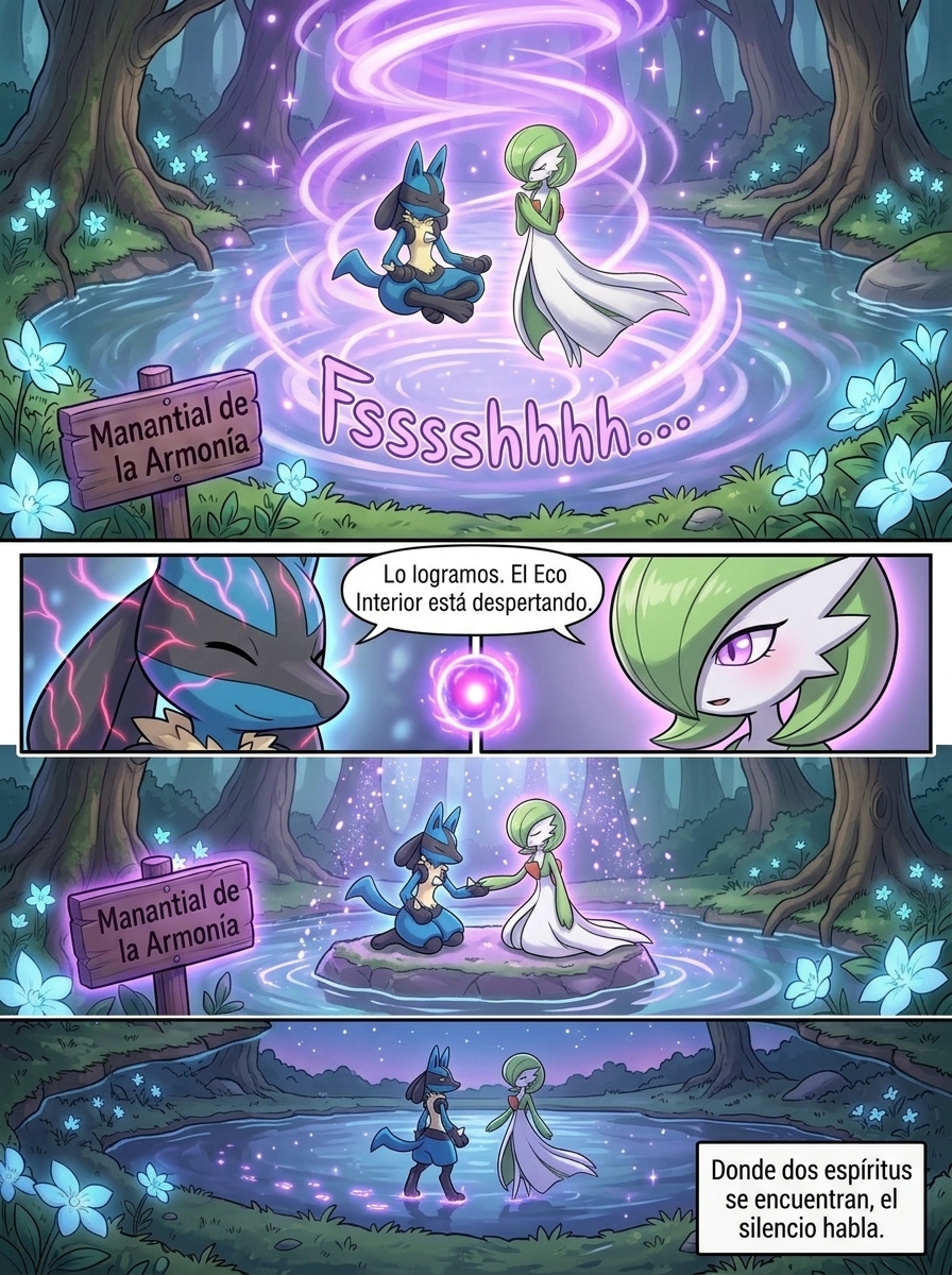 @Lucario, en posición de meditación y una @Gardevoir en posición de rezo, juntos en medio de un manantial.