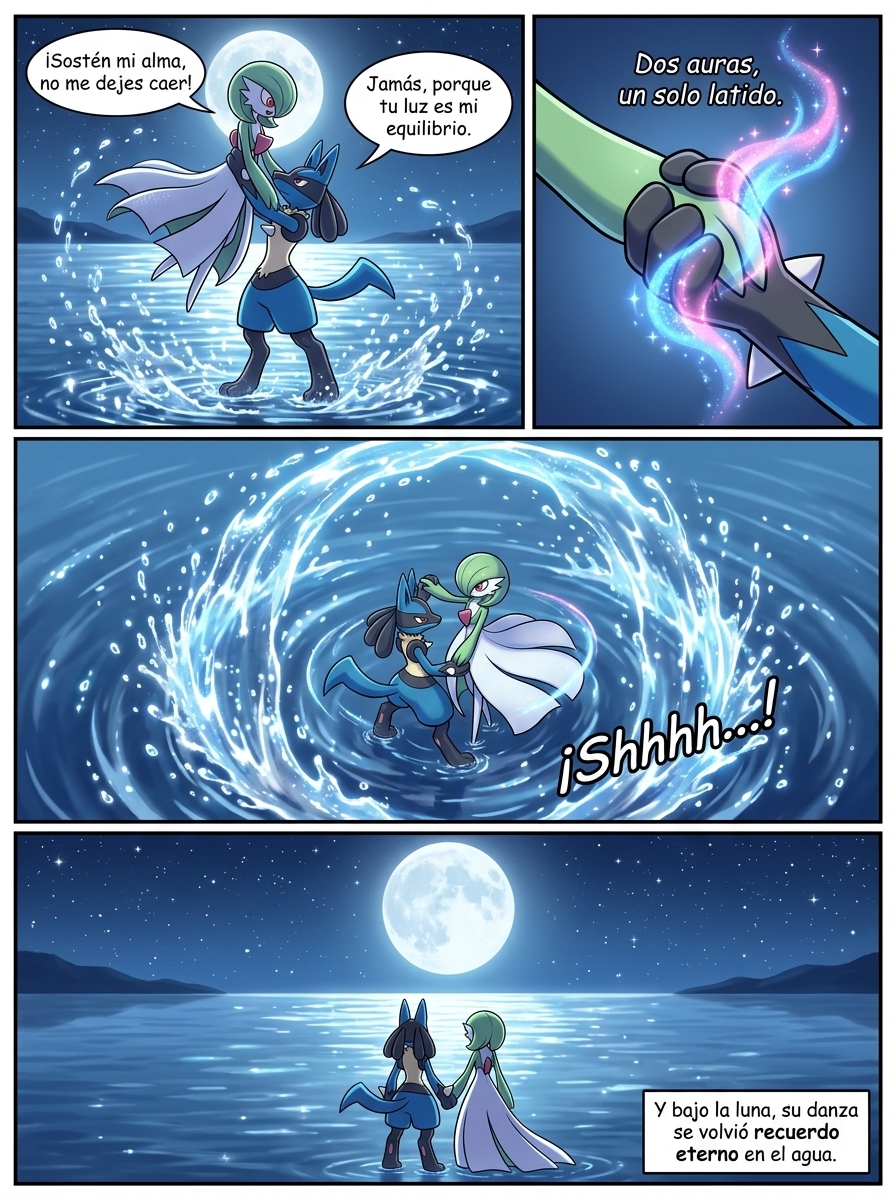 Lucario y Gardevoir, profundamente enamorados, ejecutan un baile romántico y etéreo sobre la superficie serena de un lago, bañados por la brillante luz de una luna llena que se refleja mágicamente en el agua cristalina.