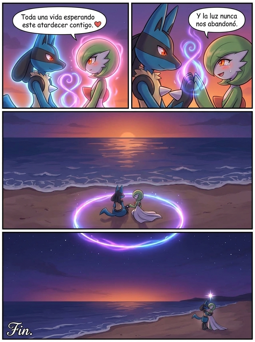 Un @Lucario y una @Gardevoir, están sentados a la orilla de la playa, viendo el atardecer. Se miran fijamente y se confiesan su amor solamente con la luz de su mirada.