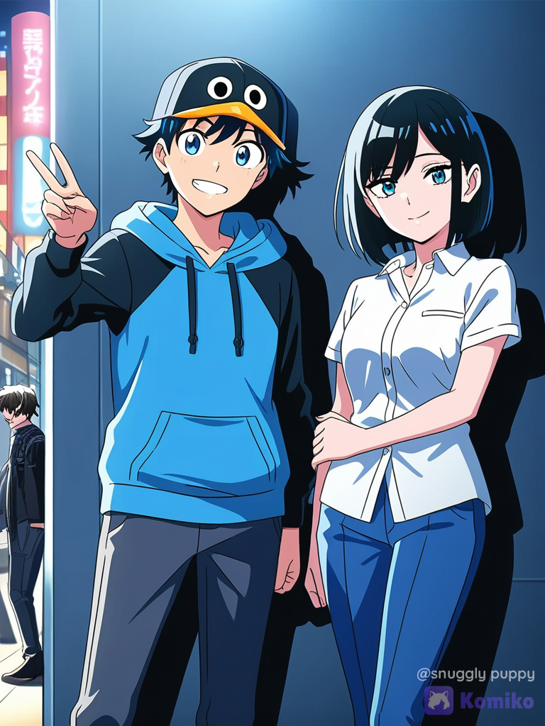 [bright-anime-style], 1girl, wide-leg pants, bob cut, without bangs, blue eyes, black hair with a blue streak, a penguin hat on her head, teenager, 1boy, 1girl, 2people, smile, v sign, leaning against wall, hoodie, city lights, upper body