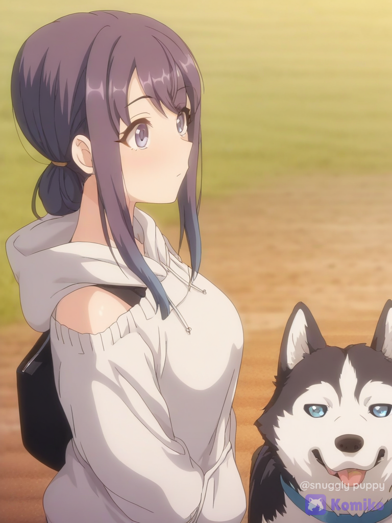 [smooth-satin-illustration-style], met le personnage les cheveux attachée en tenue avec un pull blanc sans épaule a longue manche un pantalon noir et un petit sac noir avec un coeur en or dessus en train de promenée son chien un grand husky noir et blanc avec les yeux bleu dans un parc en pleine journée, ambiance féerique et douce moment de calme, 1boy, 1girl, 2people, hands in pockets, upper body, @Kyouka_(Princess_Connect!), expressionless, crop hoodie