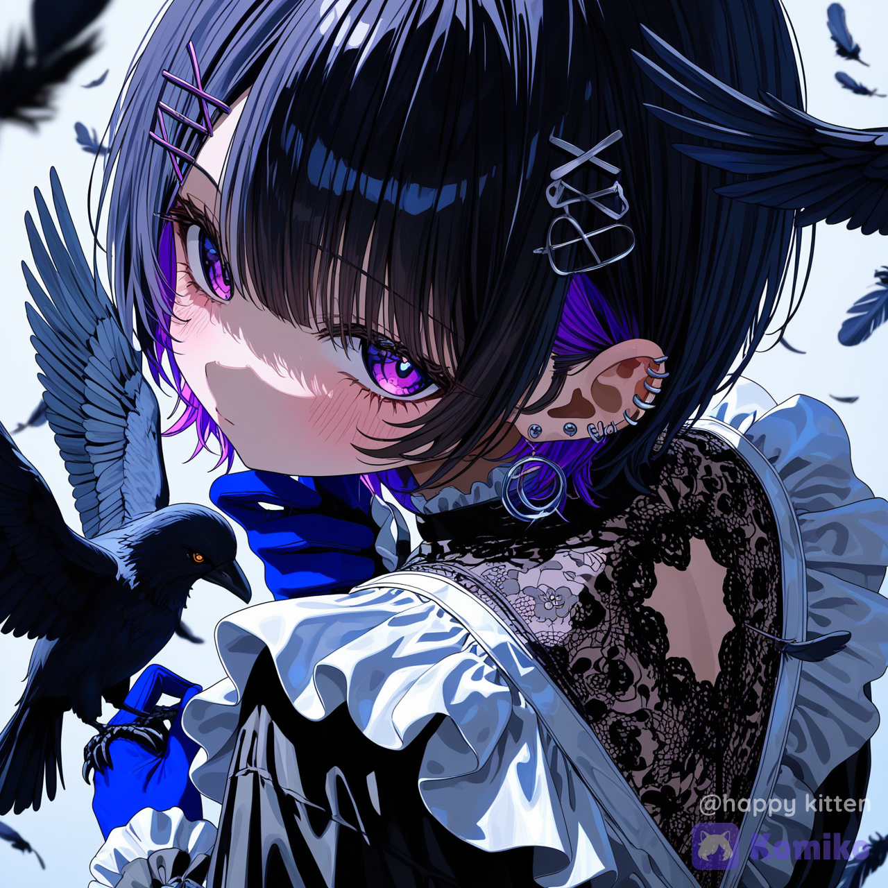 • 畫質：高清細節、光澤插畫風、乾淨線條、柔和高光、皮膚細緻質感、色彩飽和但不刺眼 • 主體：1位女孩，長黑髮，短髮設計感，紫色眼睛、害羞微臉紅（blush），戴手套（gloves），手套為藍色（blue gloves），穿黑色洋裝（black dress）、長袖（long sleeves），有蕾絲/荷葉邊（frills），閉嘴（closed mouth） • 場景/背景：室內或靜謐奇幻背景，帶一隻七彩斑斕的黑色羽毛烏鴉（crow）或羽毛元素點綴（feathers），整體具有虛擬角色氛圍 • 動作/情緒：從背後回頭看向觀眾（from behind / looking back），目光與觀眾對視（looking at viewer），表情害羞（blush） • 光影/色調：柔和逆光或側光，加入光澤材質高光（光澤插畫風），冷暖對比明顯；黑色服裝搭配紫色眼神與多色髮絲層次（multicolored hair） • 鏡頭/風格：中近景、人物居中偏側構圖、輕微景深、插畫透視自然；整體為光澤插畫風（glossy illustration style），高質感二次元角色渲染 • 圖片增強詞： indie virtual youtuber, 1girl, solo, looking at viewer, blush, short hair, long sleeves, black hair, gloves, dress, closed mouth, purple eyes, multicolored hair, frills, twitter username, looking back, black dress, from behind, bird, colored inner hair, feathers, lolita fashion, blue gloves, crow, [vivid-close-up-style]