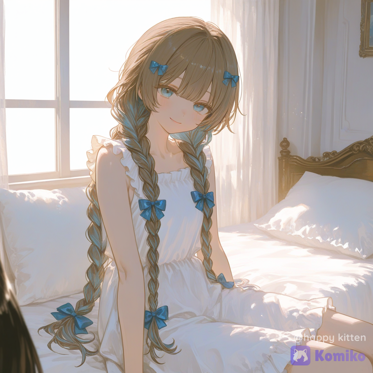 1girl, long hair, smile, blue eyes, brown hair, hair ornament, dress, closed mouth, bow, very long hair, blue hair, multicolored hair, braid, hair bow, frills, sleeveless, indoors, solo focus, white dress, twin braids, sleeveless dress, pillow, window, blue bow, frilled dress, bed, sunlight, curtains, bedroom, [sensual-glossy-style]