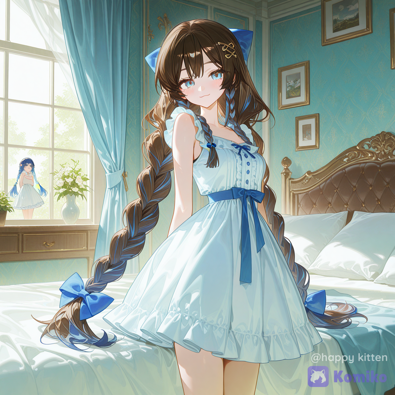 1girl, long hair, smile, blue eyes, brown hair, hair ornament, dress, closed mouth, bow, very long hair, blue hair, multicolored hair, braid, hair bow, frills, sleeveless, indoors, solo focus, white dress, twin braids, sleeveless dress, pillow, window, blue bow, frilled dress, bed, sunlight, curtains, bedroom, [high-gloss-illustration-style]
