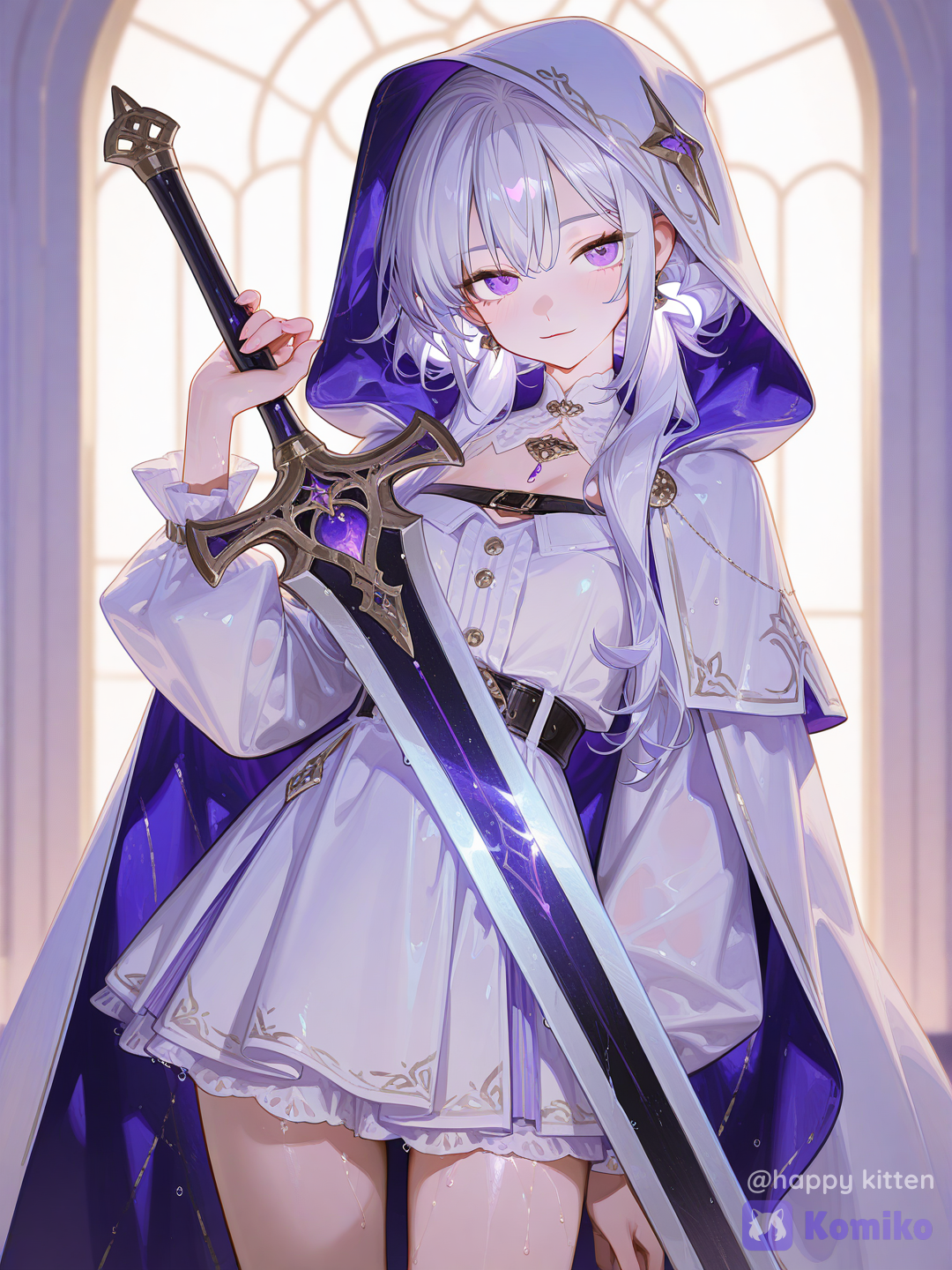 主體: 1girl, solo, white hair, purple eyes, off-shoulder white dress, miniskirt, holding big sword, hooded cape, hair accessories, jewelry 動作/情緒: standing, looking at viewer, seductive, slight smile 光影/色調: rim lighting, soft glowing, cinematic lighting, warm ambient light 鏡頭/風格: cowboy shot, depth of field, sharp focus on face 圖片增強詞: ultra- skin texture, subsurface scattering, wet skin, glossy skin, vivid colors, [high-gloss-illustration-style]