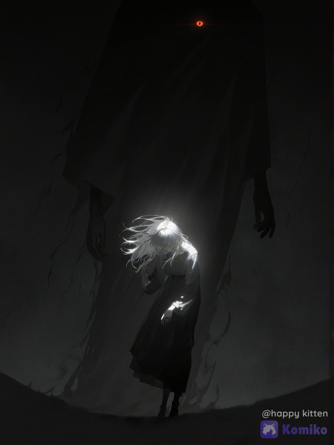 high-gloss illustration style, vivid close-up style, intense atmosphere, cinematic lighting, dramatic shadows, 2girls, (possession:1.3), (ghost:1.2), (supernatural:1.2). (1girl:1.4), pale skin, dark circles under eyes, sickly complexion, terrified expression, sweating, messy hair, looking at viewer, (ghost girl behind:1.4), (translucent:1.3), (ethereal:1.2), (spectral hand:1.3), (hand inside head:1.2), glowing eyes, eerie aura, dark magic, cinematic composition, sharp focus, high contrast, vivid colors.[aqua-dreamlight-style], full body