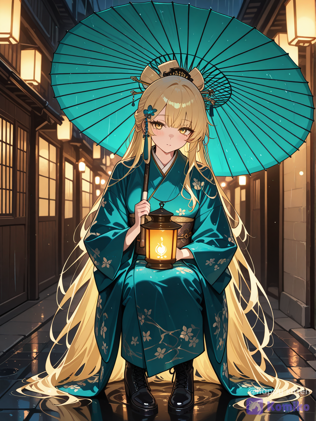 [glossy-anime-style], [high-gloss-illustration-style]Exquisite animation style[vivid-close-up-style]A single girl with long blonde hair and yellow eyes, extremely long flowing hair with hair ornaments. Wearing a Japanese kimono and black boots. She holds a rain umbrella, an oil- paper umbrella, and a lantern is visible in the scene. Rainy night Japanese street alley, romantic but slightly wistful and gentle expression. Fine rain falls; her hair and kimono fabric subtly move in the breeze. Wet pavement with strong reflections, rain refractions and bokeh highlights. Close-up framing emphasizing her eyes, hair highlights, and fabric texture. Rich cinematic lighting, strong warm-cool contrast (warm lantern light + cool night ambient light), blue-green color grading. Glossy skin and fabric, high detail illustration, clean linework, soft glow, ultra sharp focus, depth of field