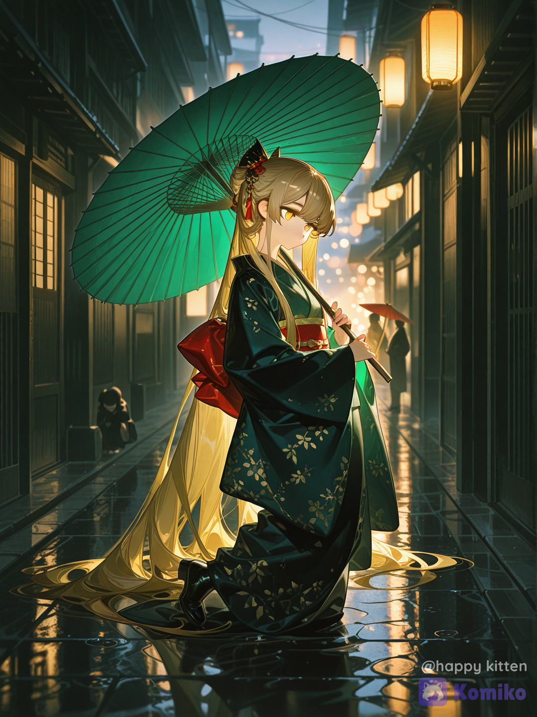 [high-gloss-illustration-style]Exquisite animation style[vivid-close-up-style]A single girl with long blonde hair and yellow eyes, extremely long flowing hair with hair ornaments. Wearing a Japanese kimono and black boots. She holds a rain umbrella with an oil-paper umbrella; a lantern is visible in the scene. Rainy night Japanese street alley, romantic but slightly wistful, gentle expression. Fine rain falls; her hair and kimono fabric subtly move in the breeze. Strong wet pavement reflections, rain refractions and bokeh highlights. Close-up framing emphasizing her eyes, hair highlights, and fabric texture. Glossy/Shiny highlights, Intricate Details, Dramatic Lighting with strong warm- cool contrast (warm lantern light + cool night ambient light). Blue-green cinematic color grading, subtle glossy skin and fabric. High detail illustration, clean linework, soft glow, ultra sharp focus, depth of field. 如果你要