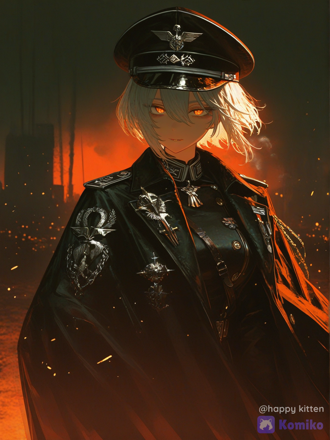 (:1.4), (ultra- :1.2), 1girl, solo, mature, silver short hair, sharp bangs, military cap with insignia, ornate black military uniform, intricate gold medals, flowing cape, sharp piercing gaze, (commanding presence:1.3), battlefield background, swirling smoke, floating glowing embers, (volumetric lighting:1.3), (cinematic lighting:1.2), (high-gloss illustration style:1.3), (vivid close-up:1.2), (exquisite animation style:1.2), (high-contrast glossy style:1.3), (sexy luster style:1.2), (metallic texture:1.2), (subsurface scattering:1.1), (depth of field:1.2), ray tracing, 8k, sharp focus, vivid colors, [sensual-glossy-style]