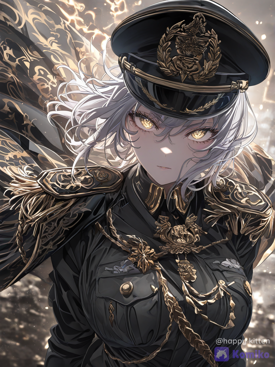 (:1.4), (ultra- :1.2), 1girl, solo, mature, silver short hair, sharp bangs, military cap with insignia, ornate black military uniform, intricate gold medals, flowing cape, sharp piercing gaze, (commanding presence:1.3), battlefield background, swirling smoke, floating glowing embers, (volumetric lighting:1.3), (cinematic lighting:1.2), (high-gloss illustration style:1.3), (vivid close-up:1.2), (exquisite animation style:1.2), (high-contrast glossy style:1.3), (sexy luster style:1.2), (metallic texture:1.2), (subsurface scattering:1.1), (depth of field:1.2), ray tracing, 8k, sharp focus, vivid colors, [ethereal-fantasy-style]