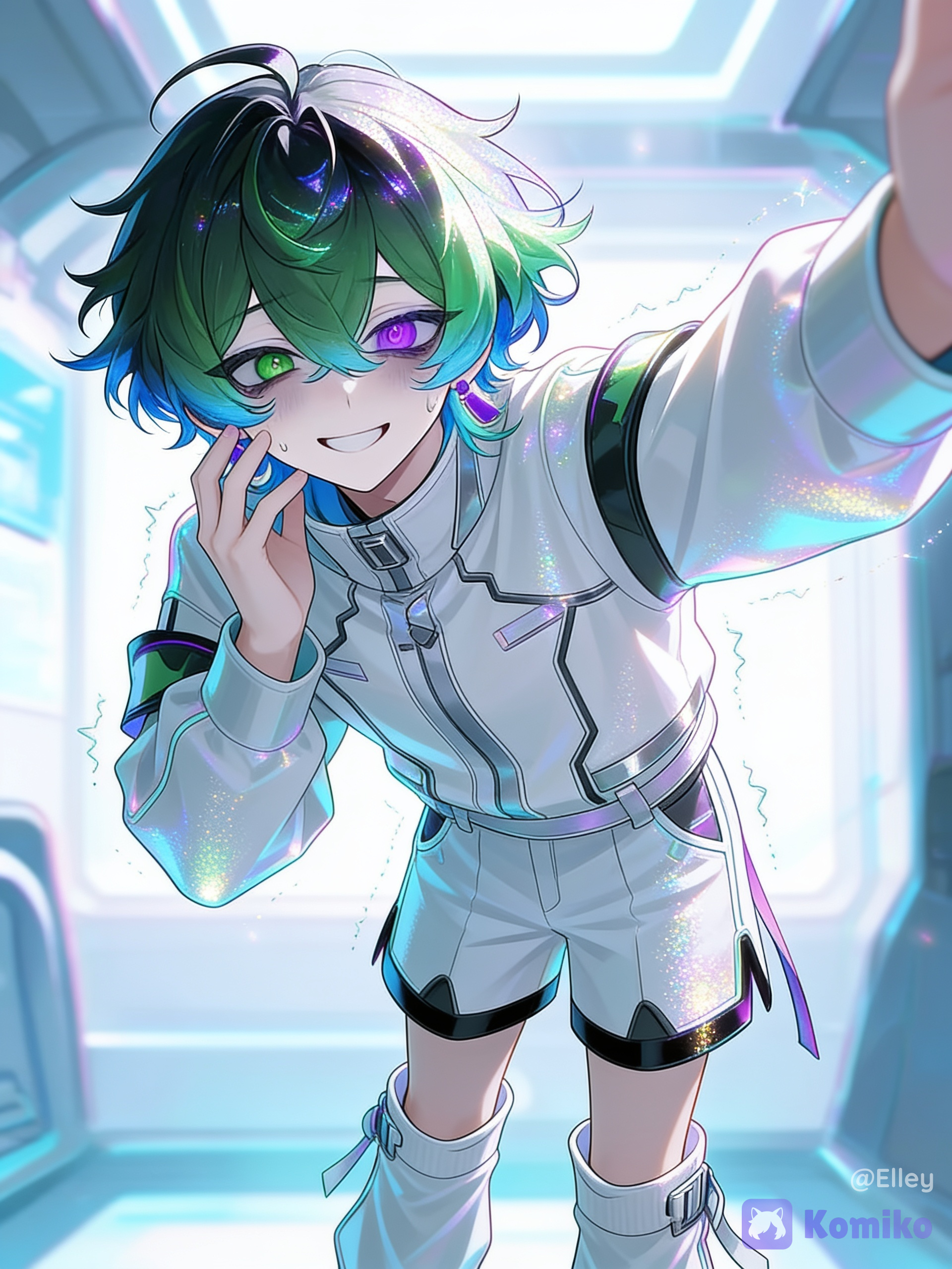 [iridescent-style], 1boy, Don't change his appearance, selfie, touching face, leaning forward