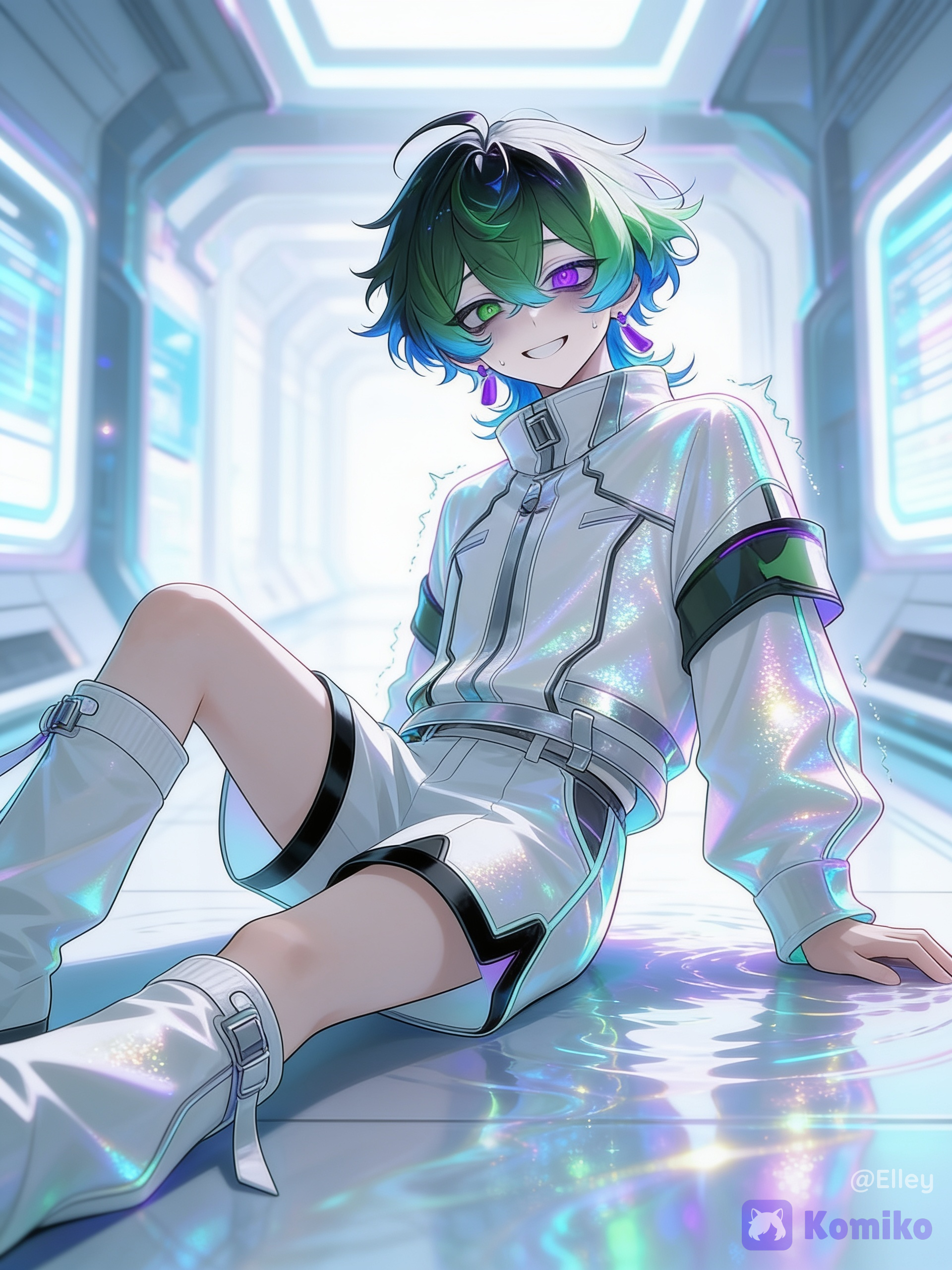 [iridescent-style], 1boy, Don't change his appearance, sitting on the ground, leaning back