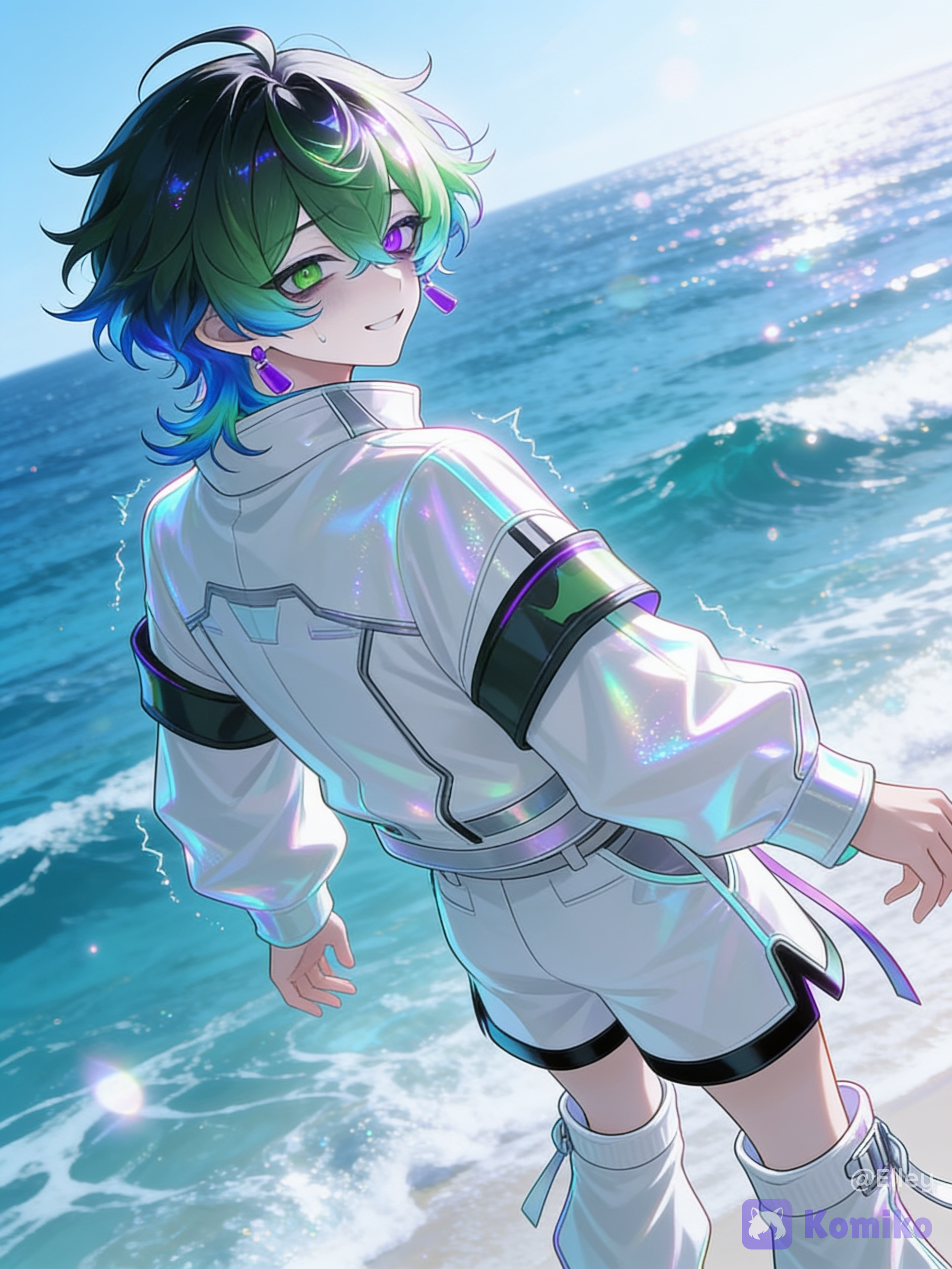 [iridescent-style], 1boy, Don't change his appearance, looking back, leaning back, looking away, ocean