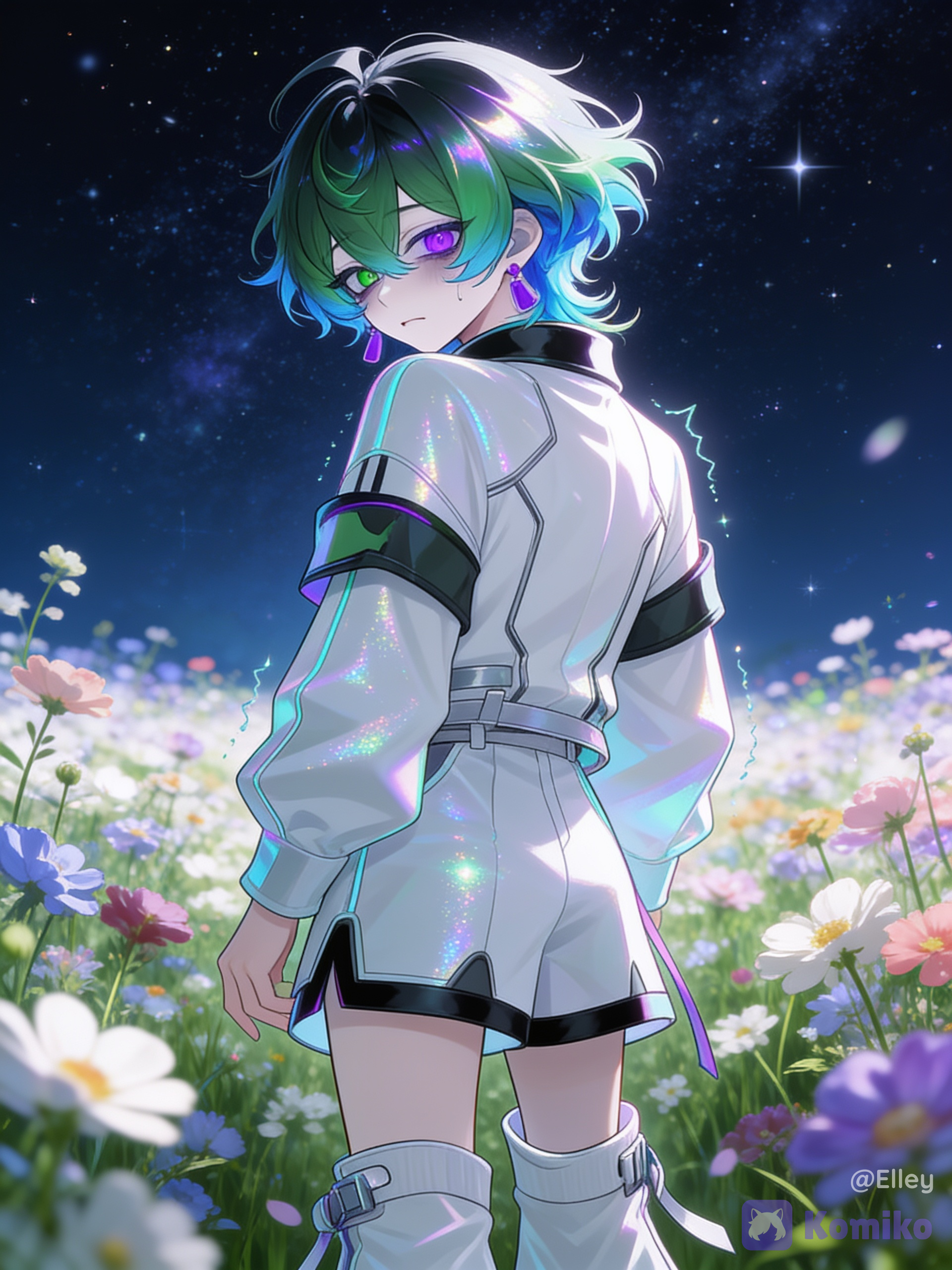 [iridescent-style], 1boy, Don't change his appearance, looking away, flower field, looking back, depressed, starry sky, night