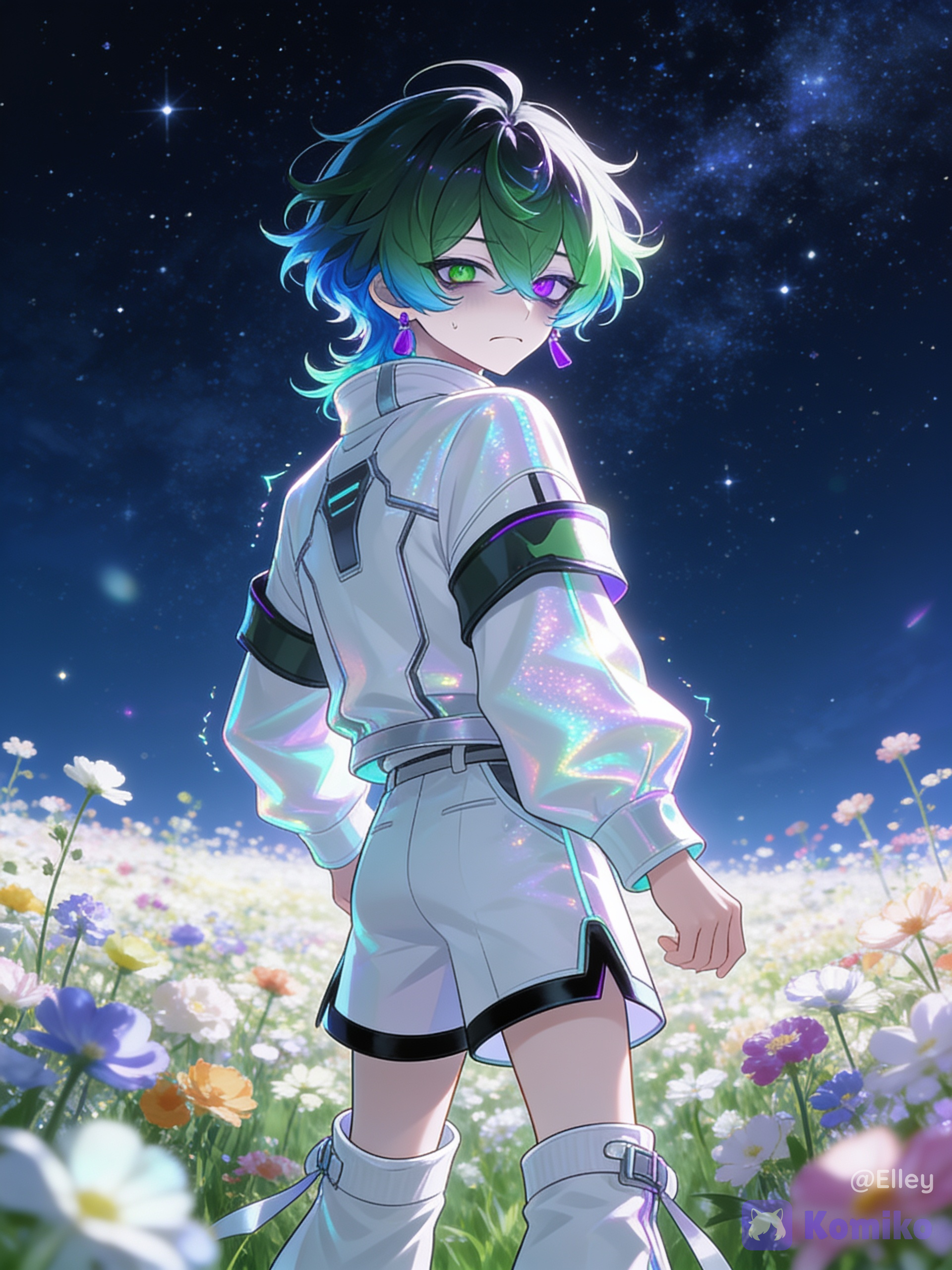 [iridescent-style], 1boy, Don't change his appearance, looking away, flower field, looking back, starry sky, night, frown, ultra-wide shot