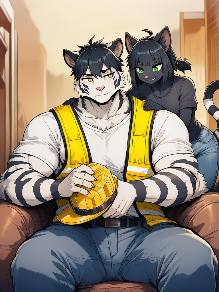 1 male, tiger man, anthropomorphic tiger, white fur, black hair, yellow eyes, muscular, large frame, turning to sit down, comfy sofa, looks tired, work cloths, white t-shirt, construction, yellow safety vest, holding hard hat 1 female, cat girl, anthropomorphic cat, black fur, black tail, green eyes, bring a drink, smiling, causal attire