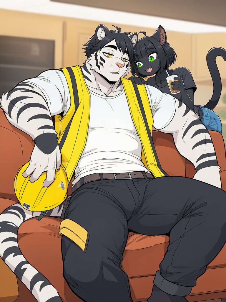 KomikoAI (56) 1 male, tiger man, anthropomorphic tiger, white fur, black hair, yellow eyes, muscular, large frame, turning to sit down, comfy sofa, looks tired, work cloths, white t-shirt, construction, yellow safety vest, holding hard hat 1 female, cat girl, anthropomorphic cat, black fur, black tail, green eyes, bring a drink, smiling, causal attire