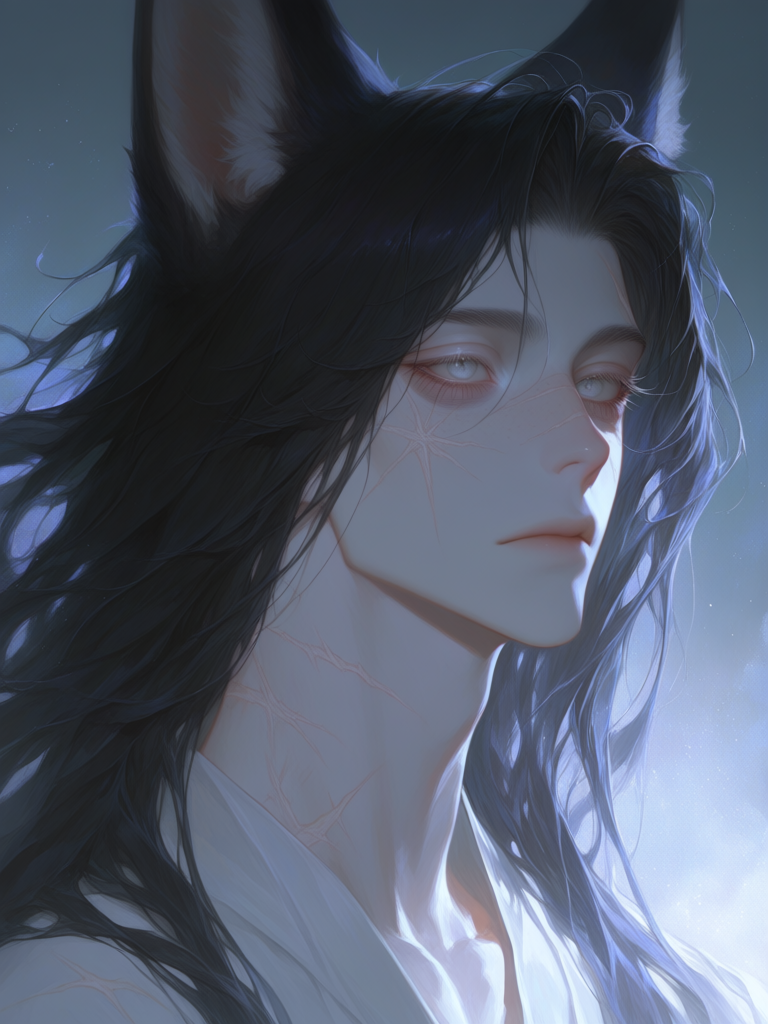 [thick-paint-male-style]solo, 1boy, headshot, androgynous, ethereal, ethereal lighting, black hair, long hair, grey eyes, long eyelashes, foxlike eyes, fox ears, multiple scars, bags under eyes, pale skin, delicate, thin