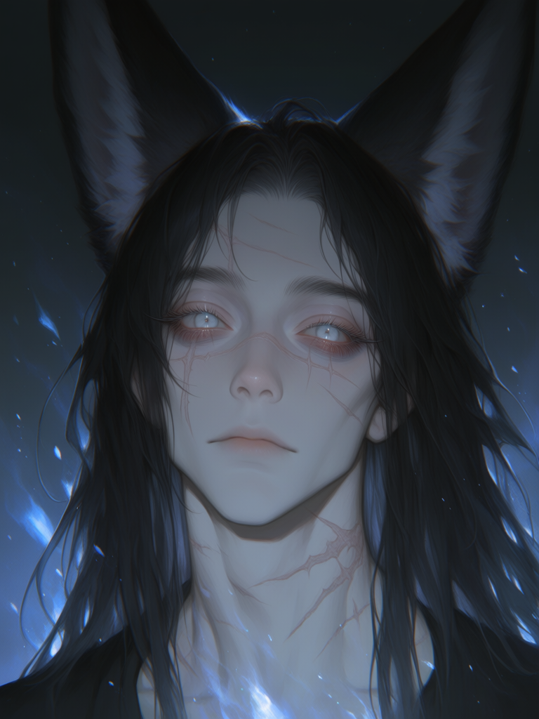 [thick-paint-male-style]solo, 1boy, headshot, androgynous, ethereal, ethereal lighting, black hair, long hair, grey eyes, long eyelashes, foxlike eyes, fox ears, multiple scars, bags under eyes, pale skin, delicate, thin