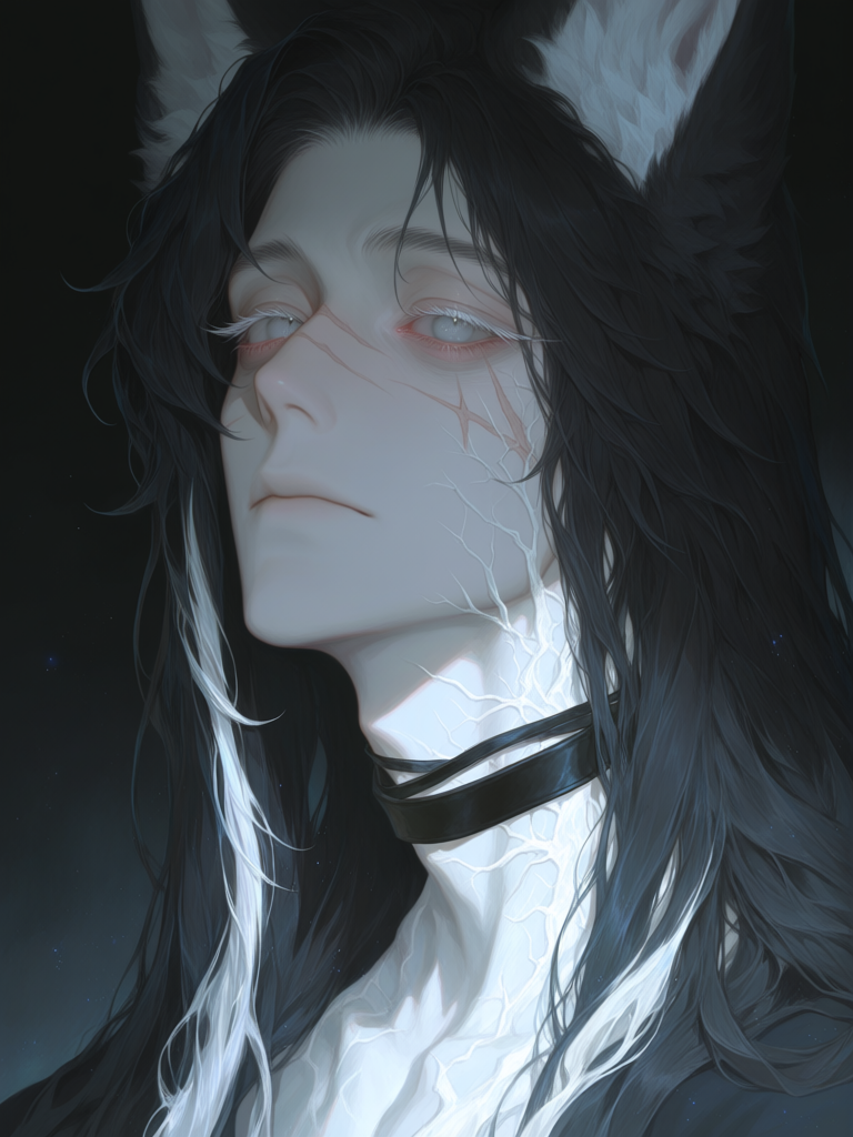 [thick-paint-male-style]solo, 1boy, headshot, androgynous, ethereal, ethereal lighting, black hair, long hair, grey eyes, long eyelashes, foxlike eyes, fox ears, multiple scars, bags under eyes, pale skin, delicate, thin, white roots in hair, white streaks in hair, black choker