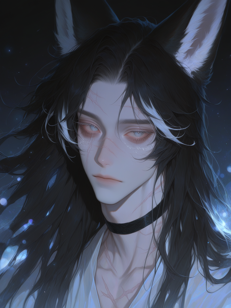 [thick-paint-male-style]solo, 1boy, headshot, androgynous, ethereal, ethereal lighting, black hair, long hair, grey eyes, long eyelashes, foxlike eyes, fox ears, multiple scars, bags under eyes, pale skin, delicate, thin, white roots in hair, white streaks in hair, black choker