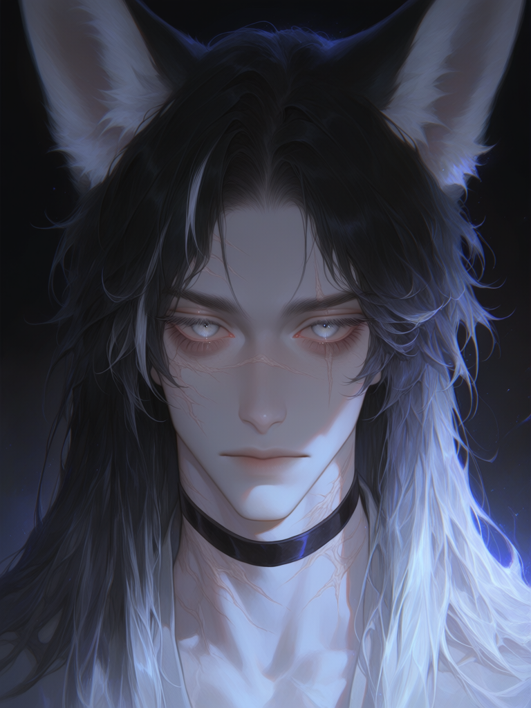 [thick-paint-male-style]solo, 1boy, headshot, androgynous, ethereal, ethereal lighting, black hair, long hair, grey eyes, long eyelashes, foxlike eyes, fox ears, multiple scars, bags under eyes, pale skin, delicate, thin, white roots in hair, white streaks in hair, black choker