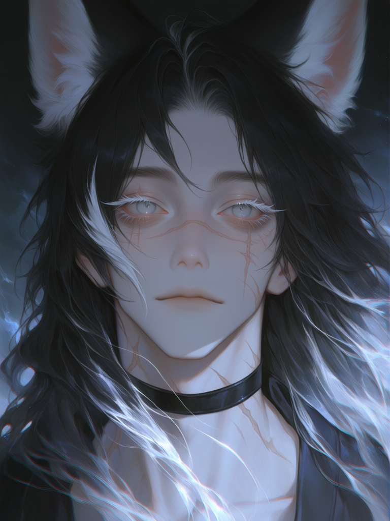 solo, 1boy, headshot, androgynous, ethereal, ethereal lighting, black hair, long hair, grey eyes, long eyelashes, foxlike eyes, fox ears, multiple scars, bags under eyes, pale skin, delicate, thin, white roots in hair, white streaks in hair, black choker, [thick-paint-male-style]