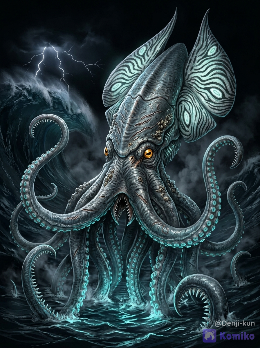 An ultra-cinematic mythological illustration of Gezora, the colossal ancient kaiju squid deity, emerging from the depths of the ocean.[Physical Appearance & Organic Attire From Top to Bottom]: At the very top, its massive, elongated cephalopod mantle acts as a regal crown, adorned with majestic, wide, sail-like fins that feature intricate, glowing bioluminescent zebra-stripe patterns in shades of pale turquoise, silver, and deep charcoal. Moving down, its thick, leathery grey-blue skin is heavily textured with weathered ridges, ancient scars, and crusty barnacles that serve as natural armor plates. Its piercing, circular golden-orange eyes glow with malevolent, ancient intelligence. Sprouting from the base are dozens of massive, twisting tentacles that cascade downwards like a royal robe; the underside of each tentacle is lined with rows of sharp, pale white predatory teeth and glowing cyan suction cups that function as its formidable, natural weaponry.[Pose & Facial Expression]: The creature is captured in a powerful, dynamic posture of absolute dominance, rearing up from the water, curling its long tentacles outward in an aggressive, threatening display. Its facial expression is terrifying and menacing, with its central beak partially visible and radiating a chilling, predatory aura.[Background & Environment]: Set against a dark, stormy, mythological oceanic backdrop. Colossal, churning tidal waves and violent whirlpools crash around its body, throwing explosive white sea foam into the air. In the distance, a dramatic, pitch-black night sky is illuminated by jagged bolts of lightning striking the water.[Lighting & Animation Style]: Dramatic chiaroscuro lighting, with intense flashes of lightning casting deep shadows and highlighting the wet, glistening texture of its skin. The glowing cyan bioluminescence from its patterns reflects beautifully off the dark water. The art style is a blend of dark fantasy realism and epic cinematic concept art, with ultra-sharp textures, intricate details on every suction cup, and a hyper-realistic depiction of water physics and atmospheric smoke. --ar 16:9 --v 6.0, stormy sky, ocean, night, 1000070382