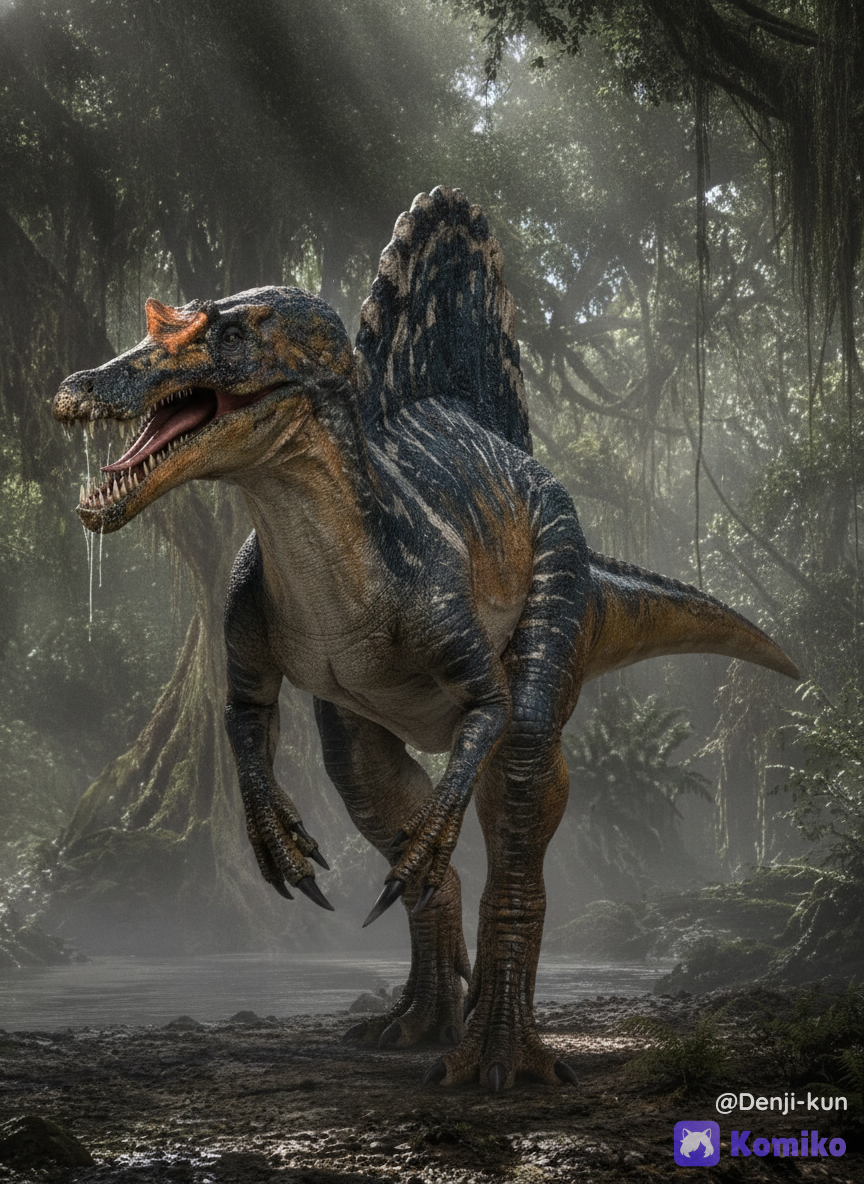A hyper-full-body cinematic concept art of a male Spinosaurus from the Jurassic Park 3 universe, standing in a natural, powerful bipedal posture. The creature has absolutely no clothing or fabric, showcasing its pure, raw physical anatomy from head to tail.Physical Appearance & Natural Accoutrements (From Top to Bottom):Head & Face: Long, crocodile-like snout filled with interlocking, needle-sharp conical teeth. The jaws are slightly parted in a low, menacing hiss, with a visible wet, pink tongue and saliva glistening. On top of its snout sits a distinct, triangular nasal crest colored in a vibrant, burnt-orange hue. Its eyes are small, intelligent, and amber-colored with slit pupils, framed by rugged, scaly brow ridges.The Sail (Main Feature): A massive, majestic dorsal sail rising from its spine. The sail features a striking color palette: a deep navy blue base decorated with complex, vertical zebra-like stripes of cream-white and sand-yellow. The edges of the sail are jagged and battle-scarred.Body Skin & Textures: The upper torso and muscular back are covered in a dense, pebbled reptilian hide of dark teal and slate blue, blending into a warm, sandy-ochre orange on the underbelly, throat, and flanks.Limbs & Claws: Powerful, muscular arms ending in three-fingered hands, with the thumb sporting an enormous, curved, 14-inch killing claw that catches the light. The long, heavy tail extends straight out for perfect balance, showing thick, overlapping scales.Action & Posture:The Spinosaurus is captured in a signature apex-predator stance. One heavy hind leg is stepped slightly forward, shifting its massive weight as it stalks through its territory. Its torso is lowered dynamically, and its long tail is held rigid and elevated off the ground, perfectly balanced.Environment & Background:Set deep within the misty, prehistoric jungle of Isla Sorna. The background features towering, ancient banyan trees, massive ferns, and dense tropical foliage damp with morning dew. In the distant background, a murky, slow-moving river reflects the dense canopy above. A faint, low-hanging swamp fog creeps around the dinosaur's heavy feet.Lighting & Animation Style:Lighting: Dramatic cinematic rim lighting that traces the curved silhouette of the dorsal sail and the sharp contours of the snout. Soft, dappled sunlight filters down through the thick jungle canopy, creating realistic god-rays (crepuscular rays) that illuminate the moisture in the air.Style: Industrial Light & Magic (ILM) practical animatronic and early 2000s CGI aesthetic. Ultra-realistic 8k resolution, photorealistic textures, movie-still quality, sharp focus on the skin grain, and a gritty, high-suspense cinematic atmosphere.
