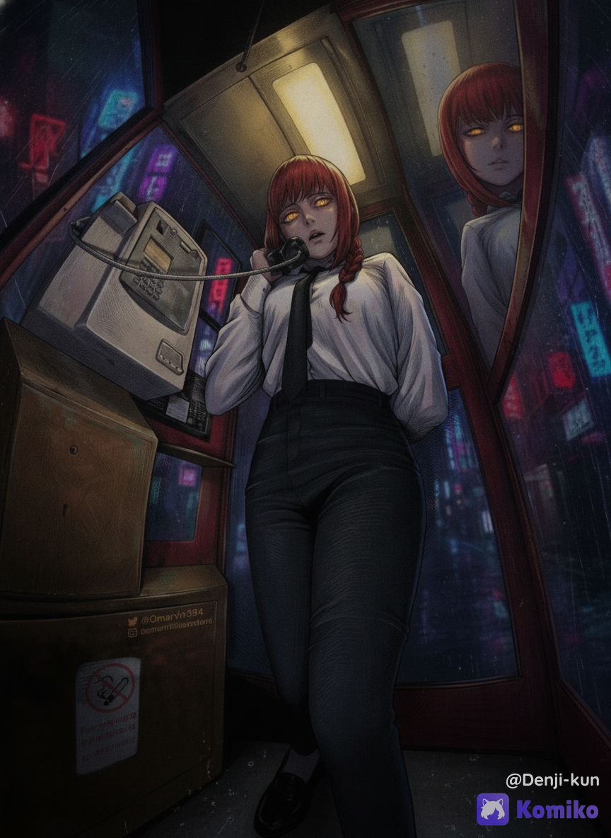 Cinematic full-body shot from a dramatic low-angle perspective, looking up at Makima from Chainsaw Man standing inside a vintage Japanese telephone booth at night. The scene is rendered in a gritty, high-contrast modern anime art style with vibrant cinematic colors.Subject & Pose: Makima is standing in the center, holding a retro telephone receiver to her ear with a weary, half-lidded expression. Her body is angled slightly, dressed in her signature Public Safety Devil Hunter uniform: a crisp, clean white button-up dress shirt, a perfectly knotted matte black tie, and high-waisted, tight-fitting charcoal black dress trousers that emphasize her silhouette.The Psychological Twist (Fourth Wall Break): The glass panel or mirror inside the booth reflects her figure, but the reflection completely contradicts reality. In the reflection, Makima is not holding the phone; instead, only the upper half of her torso and head are visible, tilting slightly forward. She is staring directly out of the frame with a piercing, cold, and hypnotic gaze, breaking the fourth wall to look straight at the viewer.Physical Appearance & Details: She has vibrant, dark reddish-orange hair styled in a straight fringe across her forehead with longer framing strands, tied into a loose braid down her back. Her eyes are her most striking feature: luminous, ringed yellow-gold eyes with concentric circles, glowing faintly with an eerie, authoritative power. Her expression is calm yet deeply unsettling.Environment & Color Palette: The interior of the telephone booth features an old-school cream-white and metallic grey payphone with wear, scratches, and a coiled black cord wrapping around her shoulder. The booth's frame is a dark crimson and oxidized bronze metal. Outside the booth, the background is a dark, rainy Tokyo street at night, filled with hazy neon signs in hues of electric blue, deep purple, and blood red, creating a moody, atmospheric urban environment that fits her sinister nature.Lighting & Animation Style: High-fidelity illustration with sharp line work and cross-hatching textures reminiscent of Tatsuki Fujimoto's art style, blended with MAPPA’s cinematic animation. The lighting is intensely atmospheric; a warm, sickly yellow overhead light inside the booth casts deep, dramatic shadows downwards, contrasted sharply by the cool, vibrant neon rain-slicked reflections bleeding in through the glass. Volumetric dust motes and rain streaks visible on the glass panels. --ar 3:4 --v 6.0, @Makima_(Chainsaw_Man)