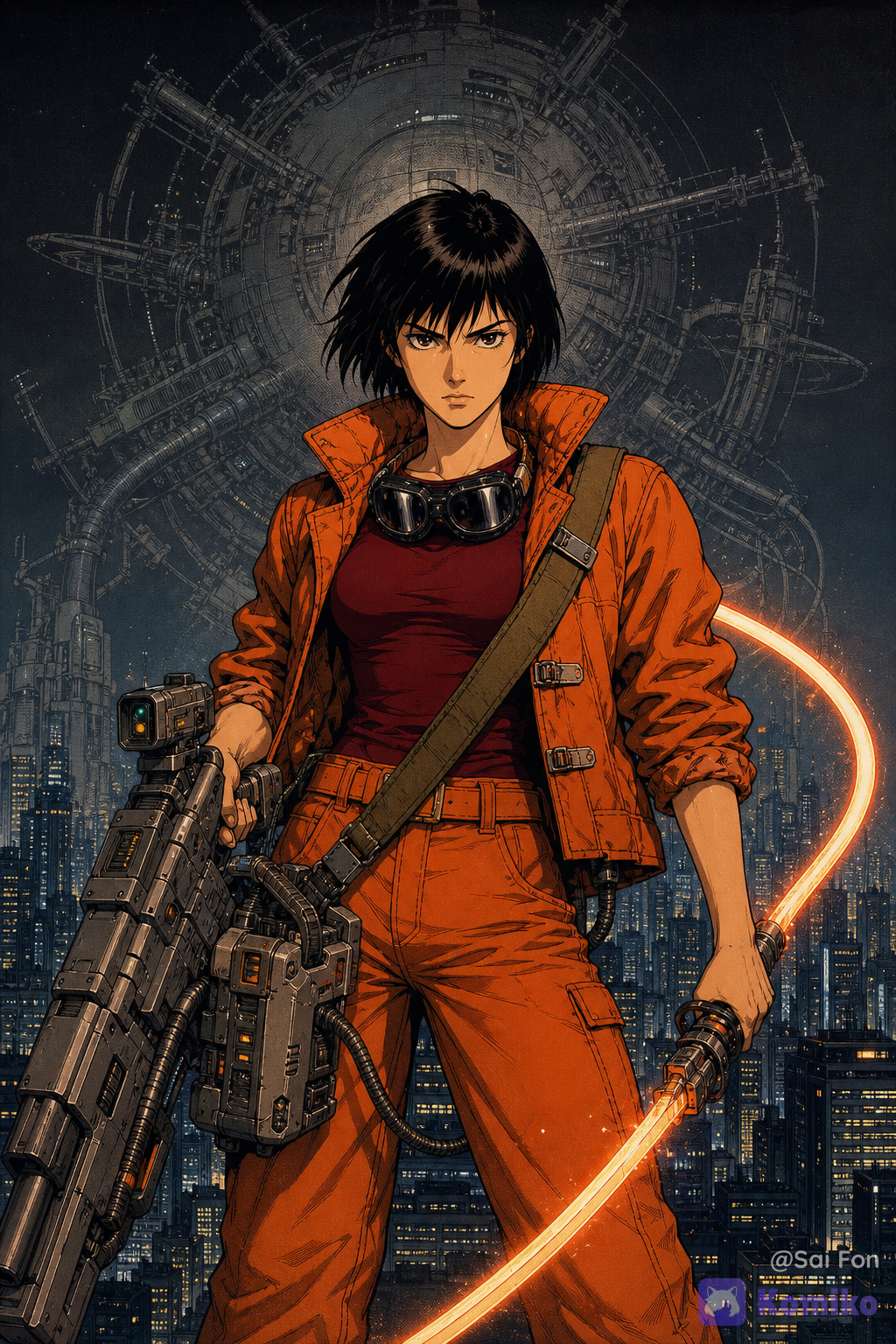 Ilustración manga japonesa de ciencia ficción de alta calidad, estética auténtica de anime y manga de finales de los años 80, con acabado de ilustración editorial japonesa de época, entintado manual preciso, líneas negras limpias pero ligeramente orgánicas, sombreado mediante tramas y masas de tinta, colores intensos pero ligeramente apagados propios de impresión analógica de los años 80, cel shading tradicional, textura sutil de papel impreso, aspecto de ilustración dibujada a mano, composición dramática y cinematográfica. Una mujer joven adulta, atractiva y de presencia imponente, es la protagonista absoluta de la imagen. Está situada exactamente en el centro, de frente y mirando directamente a cámara, con expresión extremadamente seria, fría, decidida y concentrada. Plano americano, encuadre desde aproximadamente los muslos hasta ligeramente por encima de la cabeza. Su postura es firme y equilibrada, transmitiendo seguridad y experiencia. Tiene el pelo corto, liso y ligeramente despeinado, cortado aproximadamente a la altura de la mandíbula, con un diseño de cabello claramente inspirado en personajes femeninos de ciencia ficción manga de los años 80. Rostro atractivo, facciones marcadas pero femeninas, ojos expresivos y mirada intensa dirigida directamente al espectador. Viste pantalones de color anaranjado intenso, de corte funcional y ligeramente holgado, con un cinturón del mismo tono naranja. Lleva una camiseta ajustada de color vino oscuro. Sobre la camiseta lleva una cazadora abierta y acolchada de color anaranjado, claramente voluminosa, con textura de chaqueta técnica. La cazadora tiene los cuellos levantados, las mangas remangadas hasta los antebrazos y exactamente tres cierres metálicos visibles en la parte frontal. Los materiales y costuras deben estar claramente definidos mediante líneas de entintado y sombreado manga. De su cuello cuelgan unas gafas de motorista oscuras, apoyadas sobre el pecho, claramente visibles y reconocibles como gafas protectoras de motorista de diseño retrofuturista. La protagonista sostiene un arma futurista extremadamente voluminosa y pesada con la mano derecha. El arma debe parecer una combinación entre arma energética experimental, rifle pesado y tecnología militar retrofuturista de ciencia ficción japonesa de los años 80. Tiene un cuerpo grande, compacto y mecánico, con numerosas piezas, paneles, tornillos, conductos y detalles técnicos. Incorpora un visor lateral claramente visible en uno de sus costados. La mujer sostiene el arma firmemente con la mano derecha y la culata está apoyada contra su cadera derecha. El arma debe integrarse anatómicamente con su postura y parecer realmente pesada y funcional. Del arma emerge un largo sable de energía o hoja tecnológica de aspecto futurista. La mujer sujeta el sable con su mano izquierda. La hoja sale del sistema del arma, se extiende desde ella y después describe un recorrido visual que pasa por detrás de la espalda de la protagonista. El sable está conectado mediante un sistema tecnológico a una enorme batería situada en el costado derecho de la mujer. La batería es grande, pesada y claramente visible, con aspecto de módulo energético futurista retroindustrial, compuesto por placas metálicas, conductos, indicadores y conexiones. La gran batería del costado derecho está asegurada mediante una correa ancha que cruza diagonalmente el torso: comienza en la zona de la cadera derecha, asciende cruzando el pecho y termina sobre el hombro izquierdo. La correa debe ser claramente visible por encima de la ropa y contribuir al diseño visual del personaje. El recorrido del sable, la batería y la correa deben resultar técnicamente coherentes y formar un único sistema de armamento. El diseño completo del arma debe tener una estética retrofuturista japonesa de los años 80: tecnología avanzada imaginada desde el diseño industrial de aquella época, formas voluminosas, componentes mecánicos sobredimensionados, cables, conectores, paneles, pequeñas luces e indicadores, pero sin estética moderna minimalista. Debe parecer un objeto diseñado específicamente para una ilustración manga de ciencia ficción de 1987-1989. Fondo urbano de ciencia ficción. Detrás de la mujer, ocupando todo el ancho de la imagen desde la parte inferior de la composición hasta aproximadamente la altura de sus caderas, aparece una enorme ciudad futurista llena de rascacielos. Los edificios tienen siluetas verticales, ventanas iluminadas, estructuras industriales, antenas, pasarelas y arquitectura retrofuturista. La ciudad debe funcionar como una franja panorámica detrás de la protagonista sin competir con ella. El fondo general continúa hacia arriba mediante un degradado atmosférico de gris oscuro hacia negro. Sobre este fondo, detrás de la mujer y parcialmente oculto por su silueta, aparece una estructura gigantesca y extraña, representada de manera semitransparente, aproximadamente con un 40% de opacidad visual. Debe parecer una enorme estructura tecnológica alienígena o estación experimental: un gran globo metálico central rodeado por cientos de tubos, cables, conductos, brazos mecánicos y estructuras circulares. Su silueta es inquietante, compleja y misteriosa, pero no debe estar enfocada con nitidez. Debe aparecer superpuesta en el fondo como una presencia fantasmal, translúcida y atmosférica, integrada en el degradado gris-negro. La estructura debe quedar claramente detrás de la protagonista y nunca confundirse con su cuerpo o su arma. Utilizar profundidad atmosférica para separar los tres niveles: protagonista nítida en primer plano, ciudad futurista en segundo plano y gigantesca estructura mecánica translúcida en tercer plano. Composición vertical de póster manga de ciencia ficción, protagonista perfectamente centrada, simetría general equilibrada pero con suficiente dinamismo en el arma, excelente silueta, lectura visual inmediata, perspectiva cinematográfica, anatomía proporcionada, manos correctamente dibujadas, rostro detallado, ropa con pliegues naturales, tecnología mecánica muy elaborada. Paleta cromática inspirada en ilustraciones manga/anime de ciencia ficción de finales de los 80: naranja quemado, naranja intenso, vino oscuro, gris metálico, negro, grises azulados y pequeños acentos luminosos. Contraste elevado, sombras profundas, luces duras, reflejos metálicos contenidos. Acabado de ilustración profesional de manga/anime japonés de finales de los años 80, combinación de dibujo tradicional, entintado manual, cel shading, tramas mecánicas, sombreado con screentone, textura de impresión analógica, ligera imperfección de registro de color, sensación de póster o portada de revista japonesa de ciencia ficción de 1988, extremadamente detallado, elegante, serio, retrofuturista, atmosférico, icónico. Clave de dirección visual: la prioridad debería ser personaje → arma y conexión con batería → ciudad → estructura translúcida. Así se conserva la lectura de póster de ciencia ficción ochentero y la gigantesca estructura del fondo aporta misterio sin robar protagonismo a la protagonista. Prompt negativo: fotografía, fotorealismo, hiperrealismo, CGI moderno, render 3D, videojuego moderno, estética anime contemporánea, estilo manga moderno, líneas digitales excesivamente limpias, cel shading moderno, ilustración genérica, caricatura infantil, colores pastel, colores neón excesivos, cyberpunk moderno, cyberpunk minimalista, diseño futurista moderno, tecnología minimalista, armas modernas realistas, pistola convencional, rifle convencional, arma pequeña, arma delgada, arma ligera, espada convencional, katana, espada medieval, armadura completa, cuerpo robótico, cyborg, personaje masculino, expresión sonriente, expresión alegre, pose seductora, ropa reveladora, proporciones exageradas, anatomía deformada, manos deformes, dedos adicionales, dedos fusionados, brazos adicionales, piernas adicionales, ojos desiguales, rostro asimétrico, cabeza desproporcionada, perspectiva incorrecta, arma flotando, arma desconectada del personaje, culata separada de la cadera, sable desconectado del arma, sable atravesando el cuerpo, batería ausente, batería pequeña, batería en el lado incorrecto, correa ausente, correa cruzando en dirección incorrecta, correa sobre el hombro derecho, visor frontal en lugar de visor lateral, gafas ausentes, pelo largo, pelo por debajo de los hombros, cazadora cerrada, mangas largas sin remangar, cuello bajo, menos de tres cierres, más de tres cierres visibles, pantalones de otro color, camiseta de otro color, fondo blanco, fondo vacío, fondo minimalista, ciudad ausente, pocos edificios, estructura del fondo nítida, estructura del fondo opaca, estructura del fondo demasiado dominante, globo simple, cables escasos, composición caótica, protagonista desplazada del centro, plano entero, primerísimo primer plano, vista lateral, perfil, vista trasera, tres cuartos, personaje mirando hacia otro lado, arma tapando el rostro, exceso de elementos en primer plano, texto, letras, logotipos, marcas de agua, firmas, marcos, interfaz, HUD, baja resolución, borroso, desenfocado, ruido digital excesivo, artefactos, compresión, sobreexposición, subexposición, colores modernos saturados, estética fotográfica, acabado plástico, textura 3D.