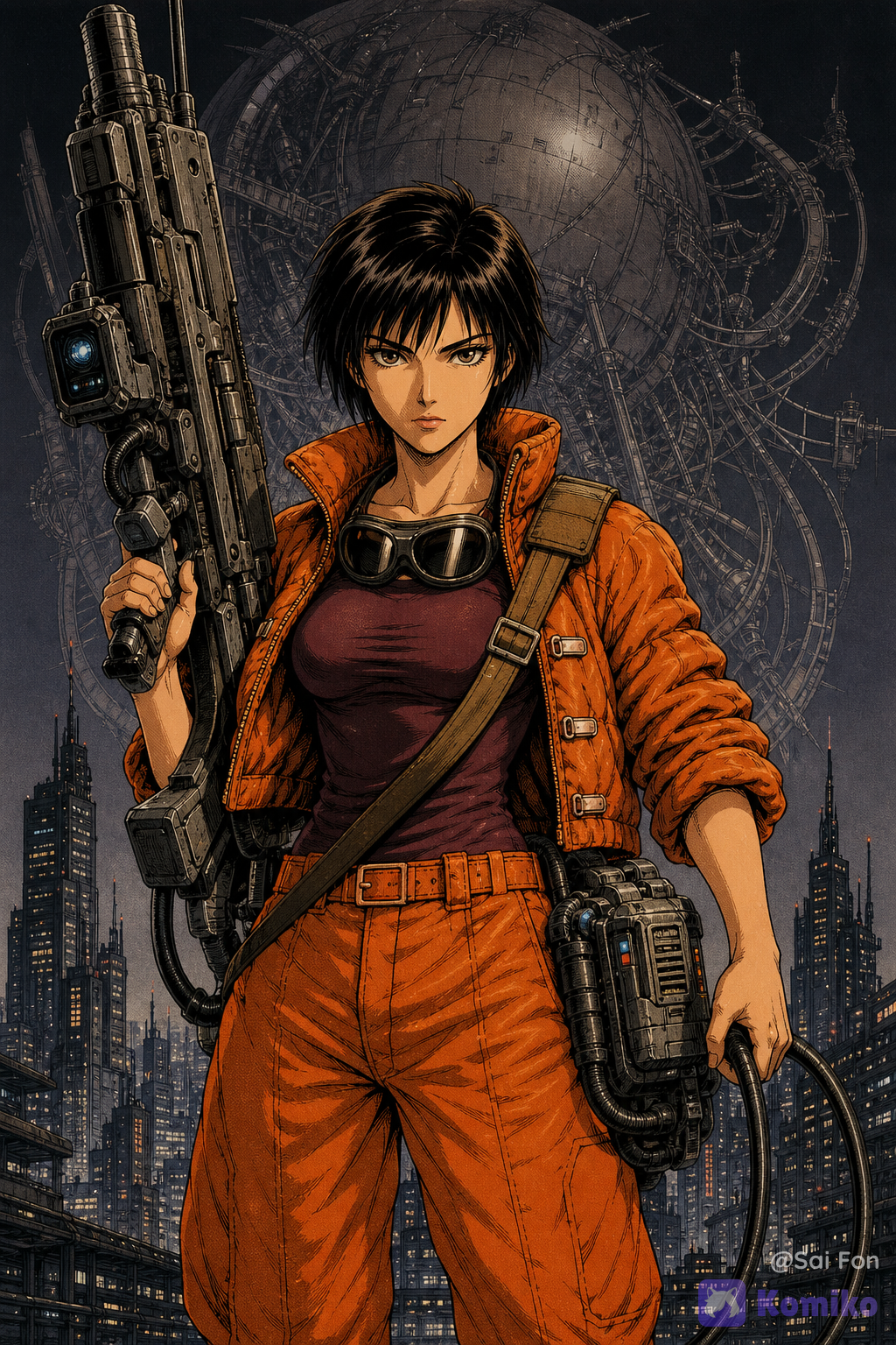 Ilustración manga japonesa de ciencia ficción de alta calidad, estética auténtica de anime y manga de finales de los años 80, con acabado de ilustración editorial japonesa de época, entintado manual preciso, líneas negras limpias pero ligeramente orgánicas, sombreado mediante tramas y masas de tinta, colores intensos pero ligeramente apagados propios de impresión analógica de los años 80, cel shading tradicional, textura sutil de papel impreso, aspecto de ilustración dibujada a mano, composición dramática y cinematográfica. Una mujer joven adulta, atractiva y de presencia imponente, es la protagonista absoluta de la imagen. Está situada exactamente en el centro, de frente y mirando directamente a cámara, con expresión extremadamente seria, fría, decidida y concentrada. Plano americano, encuadre desde aproximadamente los muslos hasta ligeramente por encima de la cabeza. Su postura es firme y equilibrada, transmitiendo seguridad y experiencia. Tiene el pelo corto, liso y ligeramente despeinado, cortado aproximadamente a la altura de la mandíbula, con un diseño de cabello claramente inspirado en personajes femeninos de ciencia ficción manga de los años 80. Rostro atractivo, facciones marcadas pero femeninas, ojos expresivos y mirada intensa dirigida directamente al espectador. Viste pantalones de color anaranjado intenso, de corte funcional y ligeramente holgado, con un cinturón del mismo tono naranja. Lleva una camiseta ajustada de color vino oscuro. Sobre la camiseta lleva una cazadora abierta y acolchada de color anaranjado, claramente voluminosa, con textura de chaqueta técnica. La cazadora tiene los cuellos levantados, las mangas remangadas hasta los antebrazos y exactamente tres cierres metálicos visibles en la parte frontal. Los materiales y costuras deben estar claramente definidos mediante líneas de entintado y sombreado manga. De su cuello cuelgan unas gafas de motorista oscuras, apoyadas sobre el pecho, claramente visibles y reconocibles como gafas protectoras de motorista de diseño retrofuturista. La protagonista sostiene un arma futurista extremadamente voluminosa y pesada con la mano derecha. El arma debe parecer una combinación entre arma energética experimental, rifle pesado y tecnología militar retrofuturista de ciencia ficción japonesa de los años 80. Tiene un cuerpo grande, compacto y mecánico, con numerosas piezas, paneles, tornillos, conductos y detalles técnicos. Incorpora un visor lateral claramente visible en uno de sus costados. La mujer sostiene el arma firmemente con la mano derecha y la culata está apoyada contra su cadera derecha y apunta hacia arriba. El arma debe integrarse anatómicamente con su postura y parecer realmente pesada y funcional. Del arma emerge un largo cable de alimentación que la mujer sujeta con su mano izquierda. El cable sale del sistema del arma, se extiende desde ella y después describe un recorrido visual que pasa por detrás de la espalda de la protagonista. El cable está conectado mediante un sistema tecnológico a una enorme batería situada en el costado derecho de la mujer. La batería es grande, pesada y claramente visible, con aspecto de módulo energético futurista retroindustrial, compuesto por placas metálicas, conductos, indicadores y conexiones. La gran batería del costado derecho está asegurada mediante una correa ancha que cruza diagonalmente el torso: comienza en la zona de la cadera derecha, asciende cruzando el pecho y termina sobre el hombro izquierdo. La correa debe ser claramente visible por encima de la ropa y contribuir al diseño visual del personaje. El recorrido del sable, la batería y la correa deben resultar técnicamente coherentes y formar un único sistema de armamento. El diseño completo del arma debe tener una estética retrofuturista japonesa de los años 80: tecnología avanzada imaginada desde el diseño industrial de aquella época, formas voluminosas, componentes mecánicos sobredimensionados, cables, conectores, paneles, pequeñas luces e indicadores, pero sin estética moderna minimalista. Debe parecer un objeto diseñado específicamente para una ilustración manga de ciencia ficción de 1987-1989. Fondo urbano de ciencia ficción. Detrás de la mujer, ocupando todo el ancho de la imagen desde la parte inferior de la composición hasta aproximadamente la altura de sus caderas, aparece una enorme ciudad futurista llena de rascacielos. Los edificios tienen siluetas verticales, ventanas iluminadas, estructuras industriales, antenas, pasarelas y arquitectura retrofuturista. La ciudad debe funcionar como una franja panorámica detrás de la protagonista sin competir con ella. El fondo general continúa hacia arriba mediante un degradado atmosférico de gris oscuro hacia negro. Sobre este fondo, detrás de la mujer y parcialmente oculto por su silueta, aparece una estructura gigantesca y extraña, representada de manera semitransparente, aproximadamente con un 40% de opacidad visual. Debe parecer una enorme estructura tecnológica alienígena o estación experimental: un gran globo metálico central rodeado por cientos de tubos, cables, conductos, brazos mecánicos y estructuras circulares. Su silueta es inquietante, compleja y misteriosa, pero no debe estar enfocada con nitidez. Debe aparecer superpuesta en el fondo como una presencia fantasmal, translúcida y atmosférica, integrada en el degradado gris-negro. La estructura debe quedar claramente detrás de la protagonista y nunca confundirse con su cuerpo o su arma. Utilizar profundidad atmosférica para separar los tres niveles: protagonista nítida en primer plano, ciudad futurista en segundo plano y gigantesca estructura mecánica translúcida en tercer plano. Composición vertical de póster manga de ciencia ficción, protagonista perfectamente centrada, simetría general equilibrada pero con suficiente dinamismo en el arma, excelente silueta, lectura visual inmediata, perspectiva cinematográfica, anatomía proporcionada, manos correctamente dibujadas, rostro detallado, ropa con pliegues naturales, tecnología mecánica muy elaborada. Paleta cromática inspirada en ilustraciones manga/anime de ciencia ficción de finales de los 80: naranja quemado, naranja intenso, vino oscuro, gris metálico, negro, grises azulados y pequeños acentos luminosos. Contraste elevado, sombras profundas, luces duras, reflejos metálicos contenidos. Acabado de ilustración profesional de manga/anime japonés de finales de los años 80, combinación de dibujo tradicional, entintado manual, cel shading, tramas mecánicas, sombreado con screentone, textura de impresión analógica, ligera imperfección de registro de color, sensación de póster o portada de revista japonesa de ciencia ficción de 1988, extremadamente detallado, elegante, serio, retrofuturista, atmosférico, icónico. Clave de dirección visual: la prioridad debería ser personaje → arma y conexión con batería → ciudad → estructura translúcida. Así se conserva la lectura de póster de ciencia ficción ochentero y la gigantesca estructura del fondo aporta misterio sin robar protagonismo a la protagonista. Prompt negativo: fotografía, fotorealismo, hiperrealismo, CGI moderno, render 3D, videojuego moderno, estética anime contemporánea, estilo manga moderno, líneas digitales excesivamente limpias, cel shading moderno, ilustración genérica, caricatura infantil, colores pastel, colores neón excesivos, cyberpunk moderno, cyberpunk minimalista, diseño futurista moderno, tecnología minimalista, armas modernas realistas, pistola convencional, rifle convencional, arma pequeña, arma delgada, arma ligera, espada convencional, katana, espada medieval, armadura completa, cuerpo robótico, cyborg, personaje masculino, expresión sonriente, expresión alegre, pose seductora, ropa reveladora, proporciones exageradas, anatomía deformada, manos deformes, dedos adicionales, dedos fusionados, brazos adicionales, piernas adicionales, ojos desiguales, rostro asimétrico, cabeza desproporcionada, perspectiva incorrecta, arma flotando, arma desconectada del personaje, culata separada de la cadera, sable desconectado del arma, sable atravesando el cuerpo, batería ausente, batería pequeña, batería en el lado incorrecto, correa ausente, correa cruzando en dirección incorrecta, correa sobre el hombro derecho, visor frontal en lugar de visor lateral, gafas ausentes, pelo largo, pelo por debajo de los hombros, cazadora cerrada, mangas largas sin remangar, cuello bajo, menos de tres cierres, más de tres cierres visibles, pantalones de otro color, camiseta de otro color, fondo blanco, fondo vacío, fondo minimalista, ciudad ausente, pocos edificios, estructura del fondo nítida, estructura del fondo opaca, estructura del fondo demasiado dominante, globo simple, cables escasos, composición caótica, protagonista desplazada del centro, plano entero, primerísimo primer plano, vista lateral, perfil, vista trasera, tres cuartos, personaje mirando hacia otro lado, arma tapando el rostro, exceso de elementos en primer plano, texto, letras, logotipos, marcas de agua, firmas, marcos, interfaz, HUD, baja resolución, borroso, desenfocado, ruido digital excesivo, artefactos, compresión, sobreexposición, subexposición, colores modernos saturados, estética fotográfica, acabado plástico, textura 3D.