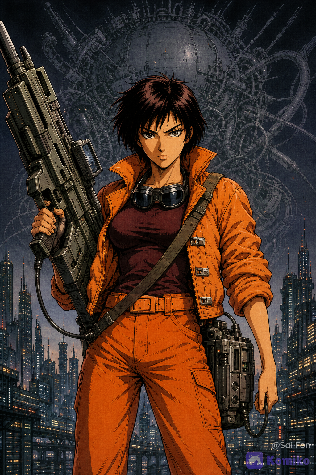 Ilustración manga japonesa de ciencia ficción de alta calidad, estética auténtica de anime y manga de finales de los años 80, con acabado de ilustración editorial japonesa de época, entintado manual preciso, líneas negras limpias pero ligeramente orgánicas, sombreado mediante tramas y masas de tinta, colores intensos pero ligeramente apagados propios de impresión analógica de los años 80, cel shading tradicional, textura sutil de papel impreso, aspecto de ilustración dibujada a mano, composición dramática y cinematográfica. Una mujer joven adulta, atractiva y de presencia imponente, es la protagonista absoluta de la imagen. Está situada exactamente en el centro, de frente y mirando directamente a cámara, con expresión extremadamente seria, fría, decidida y concentrada. Plano americano, encuadre desde aproximadamente los muslos hasta ligeramente por encima de la cabeza. Su postura es firme y equilibrada, transmitiendo seguridad y experiencia. Tiene el pelo corto, liso y ligeramente despeinado, cortado aproximadamente a la altura de la mandíbula, con un diseño de cabello claramente inspirado en personajes femeninos de ciencia ficción manga de los años 80. Rostro atractivo, facciones marcadas pero femeninas, ojos expresivos y mirada intensa dirigida directamente al espectador. Viste pantalones de color anaranjado intenso, de corte funcional y ligeramente holgado, con un cinturón del mismo tono naranja claro. Lleva una camiseta ajustada de color vino oscuro. Sobre la camiseta lleva una cazadora abierta y acolchada de color anaranjado claro claramente voluminosa, con textura de chaqueta técnica. La cazadora tiene los cuellos levantados, las mangas remangadas hasta los antebrazos y exactamente tres cierres metálicos visibles en la parte frontal. Los materiales y costuras deben estar claramente definidos mediante líneas de entintado y sombreado manga. De su cuello cuelgan unas gafas de motorista oscuras, apoyadas sobre el pecho, claramente visibles y reconocibles como gafas protectoras de motorista de diseño retrofuturista. La protagonista sostiene un arma futurista extremadamente voluminosa y pesada con la mano derecha. El arma debe parecer una combinación entre arma energética experimental, rifle pesado y tecnología militar retrofuturista de ciencia ficción japonesa de los años 80. Tiene un cuerpo grande, compacto y mecánico, con numerosas piezas, paneles, tornillos, conductos y detalles técnicos. Incorpora un visor lateral claramente visible en uno de sus costados. La mujer sostiene el arma firmemente con la mano derecha y la culata está apoyada contra su cadera derecha y apunta hacia arriba y creando un ángulo de unos 45 grados con el cuerpo de la protagonista. El arma debe integrarse anatómicamente con su postura y parecer realmente pesada y funcional. De detrás de la empuñadura del arma sale un delgado cable de alimentación va hasta la mano izquierda de la mujer que tiene ese brazo estirado y pegado al cuerpo y luego, tras pasar por su espalda se una a una batería. La batería es grande, pesada y claramente visible, con aspecto de módulo energético futurista retroindustrial, compuesto por placas metálicas, conductos, indicadores y conexiones. La batería está ubicada en el costado derecho de la chica está asegurada mediante una correa ancha que cruza diagonalmente el torso: comienza en la zona de la cadera derecha, asciende cruzando el pecho y termina sobre el hombro izquierdo. La correa debe ser claramente visible por encima de la ropa y contribuir al diseño visual del personaje. El recorrido del sable, la batería y la correa deben resultar técnicamente coherentes y formar un único sistema de armamento. El diseño completo del arma debe tener una estética retrofuturista japonesa de los años 80: tecnología avanzada imaginada desde el diseño industrial de aquella época, formas voluminosas, componentes mecánicos sobredimensionados, cables, conectores, paneles, pequeñas luces e indicadores, pero sin estética moderna minimalista. Debe parecer un objeto diseñado específicamente para una ilustración manga de ciencia ficción de 1987-1989. Fondo urbano de ciencia ficción. Detrás de la mujer, ocupando todo el ancho de la imagen desde la parte inferior de la composición hasta aproximadamente la altura de sus caderas, aparece una enorme ciudad futurista llena de rascacielos. Los edificios tienen siluetas verticales, ventanas iluminadas, estructuras industriales, antenas, pasarelas y arquitectura retrofuturista. La ciudad debe funcionar como una franja panorámica detrás de la protagonista sin competir con ella. El fondo general continúa hacia arriba mediante un degradado atmosférico de gris oscuro hacia negro. Sobre este fondo, detrás de la mujer y parcialmente oculto por su silueta, aparece una estructura gigantesca y extraña, representada de manera semitransparente, aproximadamente con un 60% de opacidad visual. Debe parecer una enorme estructura tecnológica alienígena o estación experimental: un gran globo metálico central rodeado por cientos de tubos, cables, conductos, brazos mecánicos y estructuras circulares. Su silueta es inquietante, compleja y misteriosa, pero no debe estar enfocada con nitidez. Debe aparecer superpuesta en el fondo como una presencia fantasmal, translúcida y atmosférica, integrada en el degradado gris-negro. La estructura debe quedar claramente detrás de la protagonista y nunca confundirse con su cuerpo o su arma. Utilizar profundidad atmosférica para separar los tres niveles: protagonista nítida en primer plano, ciudad futurista en segundo plano y gigantesca estructura mecánica translúcida en tercer plano. Composición vertical de póster manga de ciencia ficción, protagonista perfectamente centrada, simetría general equilibrada pero con suficiente dinamismo en el arma, excelente silueta, lectura visual inmediata, perspectiva cinematográfica, anatomía proporcionada, manos correctamente dibujadas, rostro detallado, ropa con pliegues naturales, tecnología mecánica muy elaborada. Paleta cromática inspirada en ilustraciones manga/anime de ciencia ficción de finales de los 80: naranja quemado, naranja intenso, vino oscuro, gris metálico, negro, grises azulados y pequeños acentos luminosos. Contraste elevado, sombras profundas, luces duras, reflejos metálicos contenidos. Acabado de ilustración profesional de manga/anime japonés de finales de los años 80, combinación de dibujo tradicional, entintado manual, cel shading, tramas mecánicas, sombreado con screentone, textura de impresión analógica, ligera imperfección de registro de color, sensación de póster o portada de revista japonesa de ciencia ficción de 1988, extremadamente detallado, elegante, serio, retrofuturista, atmosférico, icónico. Clave de dirección visual: la prioridad debería ser personaje → arma y conexión con batería → ciudad → estructura translúcida. Así se conserva la lectura de póster de ciencia ficción ochentero y la gigantesca estructura del fondo aporta misterio sin robar protagonismo a la protagonista. Prompt negativo: fotografía, fotorealismo, hiperrealismo, CGI moderno, render 3D, videojuego moderno, estética anime contemporánea, estilo manga moderno, líneas digitales excesivamente limpias, cel shading moderno, ilustración genérica, caricatura infantil, colores pastel, colores neón excesivos, cyberpunk moderno, cyberpunk minimalista, diseño futurista moderno, tecnología minimalista, armas modernas realistas, pistola convencional, rifle convencional, arma pequeña, arma delgada, arma ligera, espada convencional, katana, espada medieval, armadura completa, cuerpo robótico, cyborg, personaje masculino, expresión sonriente, expresión alegre, pose seductora, ropa reveladora, proporciones exageradas, anatomía deformada, manos deformes, dedos adicionales, dedos fusionados, brazos adicionales, piernas adicionales, ojos desiguales, rostro asimétrico, cabeza desproporcionada, perspectiva incorrecta, arma flotando, arma desconectada del personaje, culata separada de la cadera, sable desconectado del arma, sable atravesando el cuerpo, batería ausente, batería pequeña, batería en el lado incorrecto, correa ausente, correa cruzando en dirección incorrecta, correa sobre el hombro derecho, visor frontal en lugar de visor lateral, gafas ausentes, pelo largo, pelo por debajo de los hombros, cazadora cerrada, mangas largas sin remangar, cuello bajo, menos de tres cierres, más de tres cierres visibles, pantalones de otro color, camiseta de otro color, fondo blanco, fondo vacío, fondo minimalista, ciudad ausente, pocos edificios, estructura del fondo nítida, estructura del fondo opaca, estructura del fondo demasiado dominante, globo simple, cables escasos, composición caótica, protagonista desplazada del centro, plano entero, primerísimo primer plano, vista lateral, perfil, vista trasera, tres cuartos, personaje mirando hacia otro lado, arma tapando el rostro, exceso de elementos en primer plano, texto, letras, logotipos, marcas de agua, firmas, marcos, interfaz, HUD, baja resolución, borroso, desenfocado, ruido digital excesivo, artefactos, compresión, sobreexposición, subexposición, colores modernos saturados, estética fotográfica, acabado plástico, textura 3D.