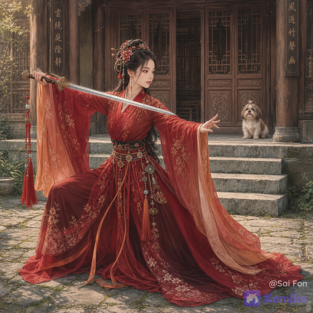 Ilustración de calidad y de cuerpo entero de una mujer adulta de apariencia delicada y elegante, representada en una escena de fantasía histórica china de gran realismo. Está en un postura amplia de combate conocida como kiba dachi, Mǎbù o posición del jinete sobre un suelo de grandes losas irregulares de piedra antigua, con pequeñas trazas de hierba verde creciendo entre las juntas y algunos indicios de musgo y desgaste natural. La mujer tiene un rostro ovalado y armonioso, piel clara y luminosa, rasgos finos y naturales, ojos oscuros almendrados, expresión serena, delicada y ligeramente concentrada. Mira hacia un punto situado ligeramente fuera del encuadre. Cabello negro, largo y recogido parcialmente en un elaborado peinado tradicional chino, con un moño bajo cuidadosamente estructurado, algunos mechones finos sueltos alrededor del rostro y adornos ornamentales tradicionales en el cabello, incluyendo pequeñas flores, piezas metálicas delicadas y elementos colgantes. Viste un elaborado hanfu tradicional chino de varias capas, extremadamente elegante, con predominio de rojo profundo, rojo bermellón, carmesí y naranja cálido. El conjunto combina seda, gasa y tejidos de gran calidad. Las mangas son muy amplias, largas y flotantes, con bordados tradicionales de flores, ramas y motivos vegetales en tonos ligeramente contrastados. El tejido presenta pliegues naturales, bordados finísimos y una gran riqueza de textura. La falda se extiende ampliamente alrededor del cuerpo sobre el suelo, creando una silueta majestuosa y fluida. Incorporar una faja ornamental alrededor de la cintura con bordados y elementos decorativos tradicionales, además de largos cordones y colgantes de jade, cuentas y metal. La mujer adopta una pose inspirada en una elegante forma de danza marcial tradicional china: el torso erguido, una mano extendida hacia delante con los dedos delicadamente posicionados y la otra mano elevada lateralmente, creando una composición equilibrada y expresiva. En su mano derecha sostiene claramente una espada china tradicional de hoja recta y elegante, de aspecto ceremonial pero funcional. La espada tiene una empuñadura ornamentada, guardamano tradicional y un pomo decorativo del que cuelgan varios cordones de seda, borlas largas y adornos tradicionales chinos, visibles con claridad y cayendo naturalmente hacia abajo. La escena transcurre en el exterior de una residencia tradicional china de inspiración histórica. Al fondo, perfectamente enfocado y claramente visible, hay exactamente tres escalones anchos de piedra que conducen hasta un porche elevado. El porche está construido con madera antigua cuidadosamente trabajada y presenta varias columnas verticales de madera oscura, robustas y elegantes. Entre las columnas se observan puertas corredizas tradicionales chinas de madera, con paneles decorativos y detalles arquitectónicos auténticos. La arquitectura debe verse nítida, detallada y perfectamente enfocada, sin fondo excesivamente desenfocado. En el porche, claramente visible pero integrado naturalmente en la escena, hay un perro Shih Tzu pequeño y adorable, de pelaje abundante y bien cuidado, sentado o de pie cerca de una de las puertas. El perro está mirando con expresión curiosa y atenta hacia la mujer y la espada, como si estuviera intrigado por sus movimientos. El animal debe tener anatomía realista, pelaje detallado y una expresión simpática y natural. Iluminación exterior suave y cálida de primera hora de la mañana o de una tarde luminosa, con luz solar natural filtrándose entre la arquitectura y creando suaves reflejos sobre la seda y la piedra. Sombras naturales y físicamente coherentes. Ambiente tranquilo y refinado Paleta cromática dominada por rojo, naranja, tonos madera, piedra gris y verdes naturales. Composición con la mujer como protagonista principal pero mostrando claramente el entorno arquitectónico. Perspectiva natural a la altura de los ojos, proporciones anatómicas realistas, pose elegante y dinámica, telas con movimiento natural, excelente separación visual entre personaje y entorno sin perder el enfoque del fondo. Profundidad de campo completa para mantener perfectamente definidos tanto la mujer como los tres escalones, el porche, las columnas, las puertas y el perro. Estética de ilustración de gran calidad, cabello individualmente definido, tejidos extremadamente detallados, bordados minuciosos, metal y jade realistas, piedra con textura auténtica, madera envejecida con vetas visibles, iluminación físicamente realista, composición equilibrada, gran riqueza de detalles, aspecto de fotografía profesional, resolución extremadamente alta, acabado natural y realista. PROMPT NEGATIVO: baja resolución, baja calidad, imagen borrosa, desenfoque excesivo, fondo desenfocado, arquitectura desenfocada, perro desenfocado, escalones ocultos, menos de tres escalones, más de tres escalones, columnas borrosas, puertas irreconocibles, arquitectura moderna, arquitectura japonesa, arquitectura occidental, elementos contemporáneos, ropa moderna, armadura medieval europea, colores azules dominantes, traje completamente azul, espada occidental, katana japonesa, espada futurista, espada flotante, espada deformada, empuñadura incorrecta, adornos del pomo ausentes, manos deformes, dedos adicionales, dedos fusionados, brazos deformes, extremidades adicionales, anatomía incorrecta, proporciones irreales, postura rígida, rostro deformado, ojos asimétricos, ojos excesivamente grandes, piel de porcelana artificial, aspecto plástico, maquillaje excesivo, expresión exagerada, cabello artificial, cabello mal definido, cuerpo parcialmente fuera del encuadre, vestido cortado, mangas incompletas, tela rígida, telas sin textura, bordados borrosos, patrones incoherentes, objetos duplicados, perro duplicado, animales deformes, perro de otra raza, perro gigante, perro diminuto irreconocible, Shih Tzu con anatomía incorrecta, perro mirando a cámara, perro mirando en dirección contraria, perro oculto detrás de una columna, vegetación excesiva, césped cubriendo las losas, suelo completamente limpio, suelo de madera, suelo de tierra, pavimento moderno, escaleras modernas, iluminación artificial, [digital-painterly-style]