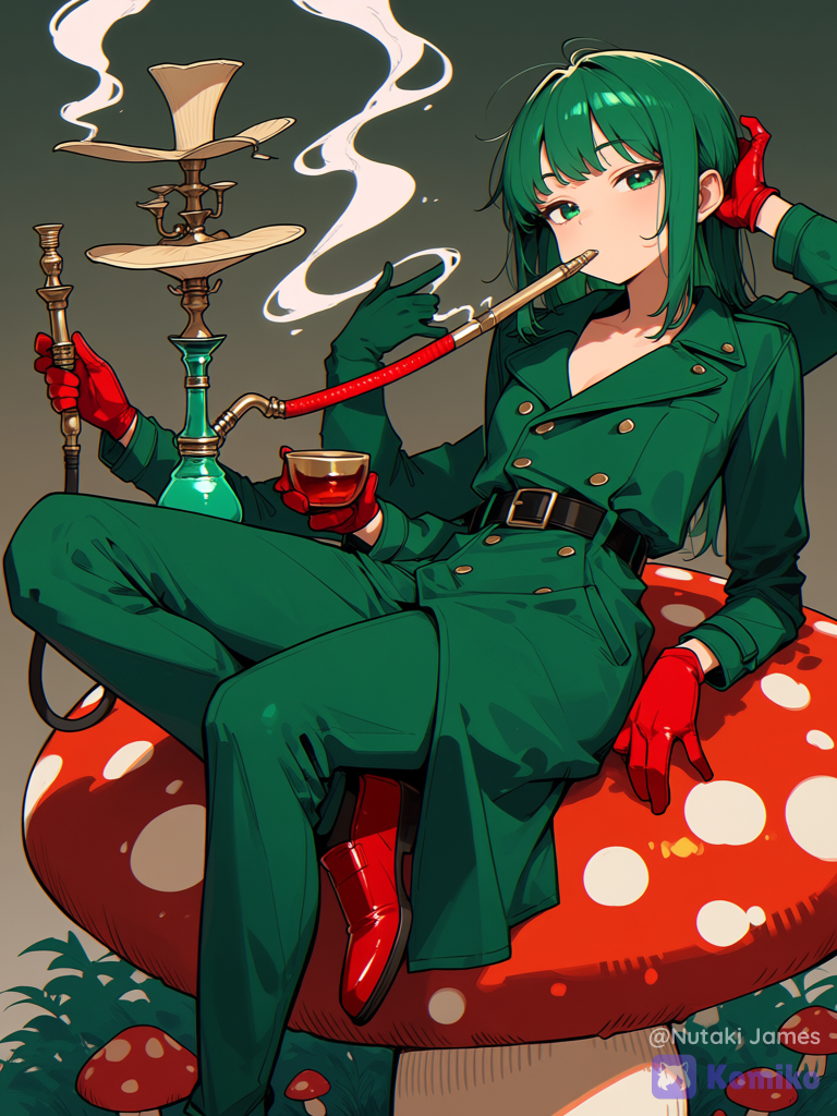 green hair, green eyes, 6 arms, red gloves, red shoes, green trenchcoat, mushroom, Sitting on top of mushroom, green pants, black belt, leaning back, Hookah on mushroom, Hookah helded by two hands, one hand scratching Head, Smoking hookah, Smoke rings in the air, Hookah pipe at lips, Smoking, multiple arms, multiple hands
