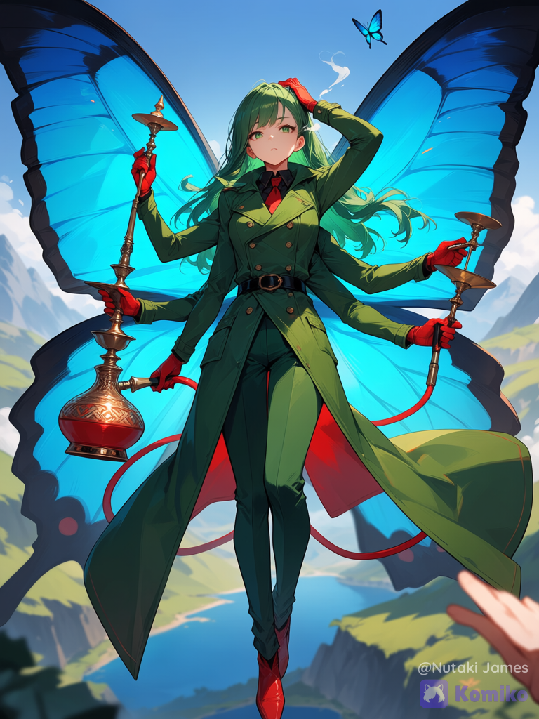 green hair, green eyes, 6 arms, red gloves, red shoes, green trenchcoat,green pants, black belt, one hand scratching Head, Smoking hookah,multiple arms, multiple hands, blue butterfly, butterfly wings on back, flying, mountains, depth of field