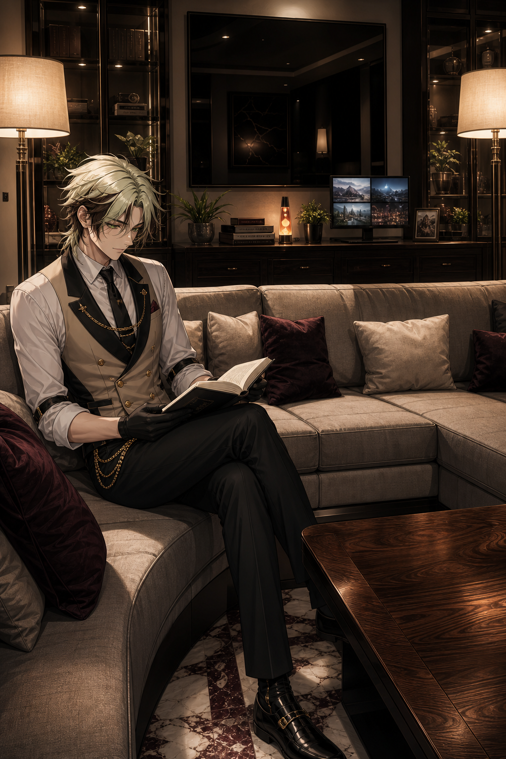 ANDRES — THE QUIET READER ULTRA-HIGH-DEFINITION 8K ANIME ILLUSTRATION, ABSURDLY EXTREMELY ELEGANT, BREATHTAKING, CINEMATIC CHARACTER ART, UPPER-BODY, MEDIUM-SHOT, PEACEFUL INTERIOR SCENE, PREMIUM FANTASY-ANIME AESTHETIC, CLEAN HIGH-END RENDERING CORE SCENE — A NEW ARRIVAL Create a beautiful, sophisticated anime illustration centered entirely around ANDRES, portraying him in his private living room during a quiet moment of solitude. Andres is seated comfortably at the left corner of a large L-shaped couch, holding an open book in his hands while calmly reading. His attention is completely absorbed in the pages. There is no sense of urgency or action. The atmosphere should communicate the feeling of someone who has nowhere else to be and nothing demanding his attention. He is simply spending a peaceful moment reading and relaxing in his own space. The scene should feel intimate, luxurious, quiet, warm, and memorable. The room itself supports the character rather than competing with him. The primary attraction is Andres. Everything surrounding him should reinforce his calm personality and sophisticated presence. --- ANDRES — CHARACTER IDENTITY Andres is a tall, lean, exceptionally handsome young man with an elegant, refined appearance. He has: - slightly long, naturally messy light whitish-green hair
- dark brown streaks running through the hair and framing his face
- striking jade-green eyes
- handsome youthful facial features
- refined facial proportions
- a composed, intelligent expression
- a lean, elegant physique His appearance should remain distinctly recognizable throughout the illustration. His hair should retain its naturally messy volume rather than appearing perfectly styled. The light whitish-green hair should remain the dominant color, while the dark brown streaks provide contrast around his face. His jade eyes should be clearly visible while he looks downward toward his book. --- ANDRES — CLOTHING Dress Andres in his established sophisticated formal ensemble: - crisp white dress shirt
- sleeves rolled neatly to the forearms
- elegant black necktie
- beige-and-black double-breasted waistcoat
- polished gold buttons
- layered decorative gold chains
- fitted black trousers
- subtle burgundy accents
- fitted black gloves
- polished black dress shoes The clothing should look expensive, tailored, and immaculate without becoming excessively ornate. The beige, white, black, burgundy, and gold palette should complement the warm interior. Preserve the layered waistcoat and decorative chains as recognizable parts of his outfit. His clothing should retain realistic folds and elegant fabric structure while remaining clearly illustrated in an anime style. --- POSE — QUIET READING Andres sits naturally at the left end of the L-shaped couch. His posture is relaxed but elegant. He holds an open book comfortably in front of himself. His head is slightly lowered as he reads. His eyes are directed toward the pages. His expression is calm, focused, and peaceful. Avoid exaggerated posing. Avoid action-oriented body language. The pose should feel like a genuine private moment captured naturally. One leg may rest comfortably while the other maintains a relaxed seated position, creating an effortless silhouette. His body should remain fully visible within the composition. --- THE LIVING ROOM Create a sophisticated contemporary living room surrounding Andres. The room should feel spacious, refined, comfortable, and carefully designed. The centerpiece is a large L-shaped couch positioned prominently within the room. Andres occupies the left corner of the couch. The couch should have generous cushions and an elegant, comfortable silhouette suitable for long periods of reading. Keep the furniture sophisticated without making it excessively futuristic. --- LIGHTING Place two tall standing lamps, with one positioned on each side of the L-shaped couch. The lamps provide warm ambient illumination that gently surrounds Andres. Their light should create: - soft highlights along his whitish-green hair
- subtle warmth across his skin
- delicate reflections in his jade eyes
- gentle illumination across the pages of the book
- soft shadows beneath the couch and surrounding furniture The lighting should remain balanced. Do not make the room excessively dark. Do not make the lamps overpower the natural visual focus on Andres. The overall illumination should feel like a peaceful evening spent reading. --- COFFEE TABLE Place an elegant European walnut coffee table in the central area in front of the couch. The walnut should have: - rich natural wood grain
- smooth polished surfaces
- refined craftsmanship
- understated luxury Keep the tabletop relatively uncluttered. The coffee table should complement the room rather than becoming another focal point. --- EBONY SIDEBOARD Position a 70-inch ebony sideboard cabinet against the wall behind the living area. The sideboard should appear substantial, elegant, and expensive. Use deep ebony wood with a refined polished finish. On either side of the sideboard are double glass doors, creating a symmetrical architectural framing element. The glass doors should subtly reflect the room's warm lighting without becoming visually distracting. --- SIDEBOARD DISPLAY Arrange a small collection of objects across the top of the ebony sideboard. Keep the arrangement intentional and tasteful. Include: Books A slightly off-center stack of books. The stack should feel naturally placed rather than perfectly symmetrical. Lava lamp One elegant lava lamp providing a subtle decorative element. Plants A few small indoor plants placed naturally around the display. Use different heights and shapes while keeping the arrangement uncluttered. Picture frame One tasteful picture frame positioned among the other objects. Multi-screen monitor One single monitor displaying a clean four-screen divided display, appearing as one unified monitor with four separate visual panels. Keep the monitor sleek and modern. Do not turn it into the dominant object in the room. --- BLACK MIRROR Above the ebony sideboard, mount a large: 48 × 36-inch black mirror. The mirror should have a clean rectangular shape with a sophisticated dark reflective surface. It should subtly reflect portions of the living room while remaining dark and elegant. Do not make the mirror excessively reflective or brighter than the rest of the scene. It should act as a strong architectural element above the sideboard. --- INTERIOR ARRANGEMENT Keep the furniture composition balanced without making the room perfectly symmetrical. The visual arrangement should naturally guide the viewer toward Andres: L-shaped couch → Andres → coffee table → ebony sideboard → black mirror The two standing lamps create additional framing around the couch. The sideboard provides depth behind the character. The glass doors add vertical architectural structure to the composition. --- ATMOSPHERE The room should feel: QUIET PEACEFUL PRIVATE WARM COMFORTABLE SOPHISTICATED ELEGANT UNHURRIED There should be no obvious conflict or dramatic event. Andres is simply enjoying his own company and reading. The atmosphere should communicate: «A beautiful young man, alone in an elegant home, completely content to spend his time with a good book.» The scene should feel almost timeless. --- COLOR BALANCE ANDRES Whitish green hair
Dark brown hair accents
Jade eyes
White shirt
Beige + black waistcoat
Gold chains and buttons
Black trousers
Burgundy accents
Black gloves
Black shoes FURNITURE Deep ebony
European walnut
Neutral upholstery LIGHTING Warm lamp illumination
Soft neutral ambient light DECOR Subtle greens from plants
Dark reflective mirror
Small warm accents from the lava lamp and decorative objects Keep the color palette sophisticated and controlled. Avoid excessive saturated colors. --- COLOR SCHEME — ELEGANT SYMMETRY Use a sophisticated, luxurious palette built around: - Aubergine
- Wood
- Onyx
- Beige
- Walnut
- Ivory Travertine
- Calacatta Viola Marble --- VISUAL FOCUS The image should prioritize: 1. Andres's face 2. Andres's jade eyes 3. His distinctive whitish-green and dark-brown hair 4. His elegant formal outfit 5. His relaxed reading pose 6. The open book 7. The L-shaped couch 8. The warm standing lamps 9. The walnut coffee table 10. The ebony sideboard and carefully arranged decorations 11. The black mirror 12. The surrounding architecture The background should remain but subordinate to Andres. --- RENDERING QUALITY Use extremely clean, refined anime rendering. Prioritize: - sharp facial details
- expressive but restrained eyes
- smooth skin shading
- sophisticated hair rendering
- individual intentional hair strands
- realistic fabric folds
- polished furniture surfaces
- natural wood grain
- subtle glass reflections
- controlled metallic reflections
- dimensional shadows
- soft ambient lighting
- clean architectural lines Maintain high detail without making the artwork visually noisy. Avoid excessive tiny decorations, random particles, artificial texture, or unnecessary visual effects. --- FINAL ART DIRECTION Create the feeling of a luxurious private reading moment captured in a premium anime illustration. Andres should appear completely comfortable and at peace. His handsome appearance, distinctive hair, jade eyes, elegant formal clothing, and relaxed posture should immediately establish him as the central character. The living room should feel like a believable personal space rather than a generic showroom. The final composition should be: ELEGANT PEACEFUL LUXURIOUS CHARACTER-FOCUSED WARM CLEAN MEMORABLE BREATHTAKING No text, no captions, no lettering, no logos, no additional characters, no unnecessary magical effects. UPPER BODY— MEDIUM SHOT — ANDRES SITTING AND READING — LEFT CORNER OF L-SHAPED COUCH — TWO STANDING LAMPS — WALNUT COFFEE TABLE — 70-INCH EBONY SIDEBOARD — DOUBLE GLASS DOORS — BOOKS — LAVA LAMP — PLANTS — PICTURE FRAME — FOUR-PANEL MONITOR — 48×36 BLACK MIRROR — PEACEFUL LUXURIOUS LIVING ROOM.