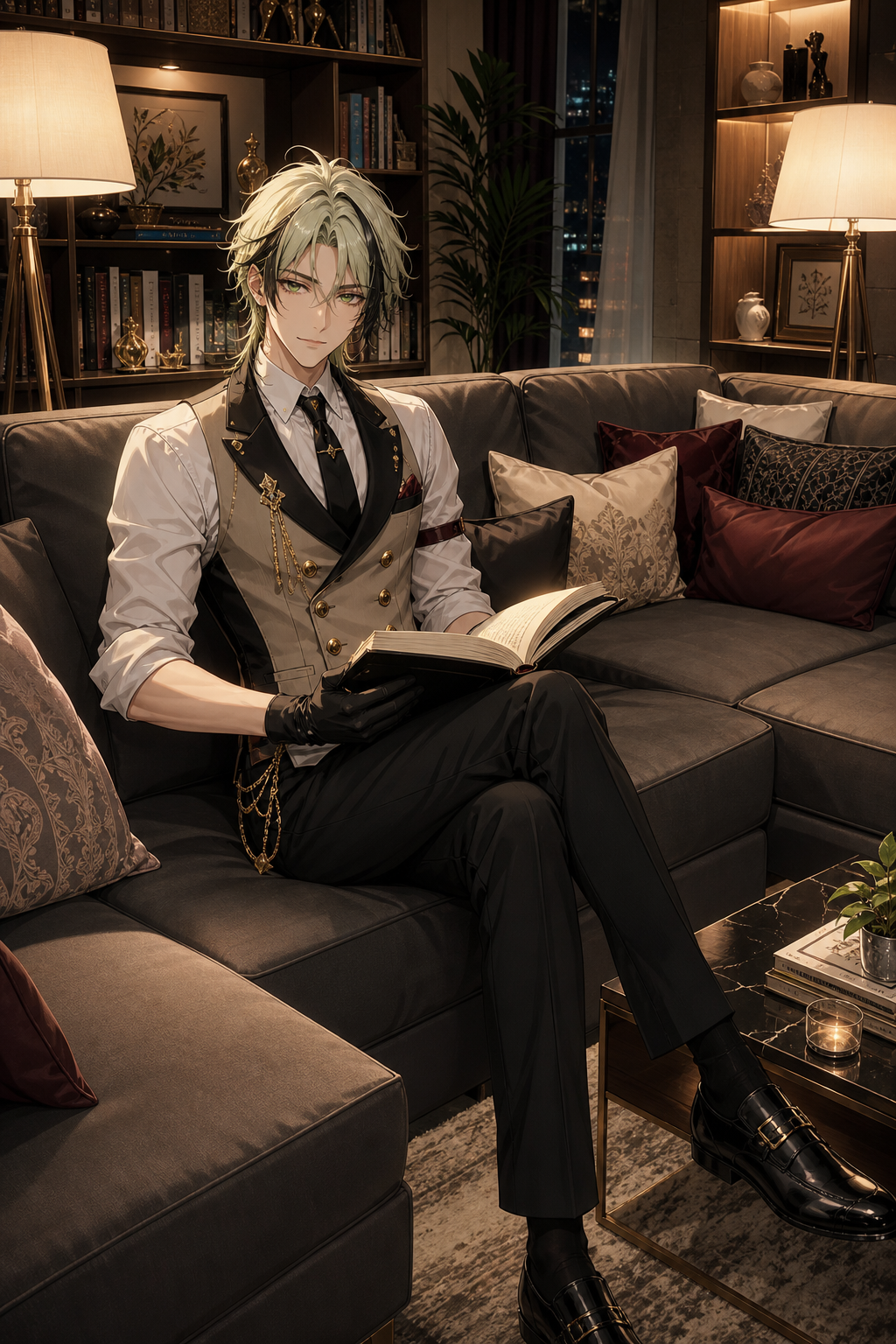 ANDRES — THE QUIET READER ULTRA-HIGH-DEFINITION 8K ANIME ILLUSTRATION, ABSURDLY EXTREMELY ELEGANT, BREATHTAKING, CINEMATIC CHARACTER ART, PEACEFUL INTERIOR SCENE, PREMIUM FANTASY-ANIME AESTHETIC, CLEAN HIGH-END RENDERING, looking at viewer, upper body, headshot CORE SCENE — A NEW ARRIVAL Create a beautiful, sophisticated anime illustration centered entirely around ANDRES, portraying him in his private living room during a quiet moment of solitude while looking at audience Andres is seated comfortably at the left corner of a large L-shaped couch. There is no sense of urgency or action. The atmosphere should communicate the feeling of someone who has nowhere else to be and nothing demanding his attention. The scene should feel intimate, luxurious, quiet, warm, and memorable. The room itself supports the character rather than competing with him. The primary attraction is Andres. Everything surrounding him should reinforce his calm personality and sophisticated presence. --- ANDRES — CHARACTER IDENTITY Andres is a tall, lean, exceptionally handsome young man with an elegant, refined appearance. He has: - slightly long, naturally messy light whitish-green hair
- dark brown streaks running through the hair and framing his face
- striking jade-green eyes
- handsome youthful facial features
- refined facial proportions
- a composed, intelligent expression
- a lean, elegant physique His appearance should remain distinctly recognizable throughout the illustration. His hair should retain its naturally messy volume rather than appearing perfectly styled. The light whitish-green hair should remain the dominant color, while the dark brown streaks provide contrast around his face. --- ANDRES — CLOTHING Dress Andres in his established sophisticated formal ensemble: - crisp white dress shirt
- sleeves rolled neatly to the forearms
- elegant black necktie
- beige-and-black double-breasted waistcoat
- polished gold buttons
- layered decorative gold chains
- fitted black trousers
- subtle burgundy accents
- fitted black gloves
- polished black dress shoes The clothing should look expensive, tailored, and immaculate without becoming excessively ornate. The beige, white, black, burgundy, and gold palette should complement the warm interior. Preserve the layered waistcoat and decorative chains as recognizable parts of his outfit. His clothing should retain realistic folds and elegant fabric structure while remaining clearly illustrated in an anime style. --- POSE — looking at viewer Andres sits naturally at the left end of the L-shaped couch. His posture is relaxed but elegant. His head is slightly up as he looking towards the viewer. His expression is calm, focused, and peaceful. Avoid exaggerated posing. Avoid action-oriented body language. The pose should feel like a genuine private moment captured naturally. His body should remain fully visible within the composition. --- THE LIVING ROOM Create a sophisticated contemporary living room surrounding Andres. The room should feel spacious, refined, comfortable, and carefully designed. The centerpiece is a large L-shaped couch positioned prominently within the room. Andres occupies the left corner of the couch. The couch should have generous cushions and an elegant, comfortable silhouette suitable for long periods of reading. Keep the furniture sophisticated without making it excessively futuristic. --- LIGHTING Place two tall standing lamps, with one positioned on each side of the L-shaped couch. The lamps provide warm ambient illumination that gently surrounds Andres. Their light should create: - soft highlights along his whitish-green hair
- subtle warmth across his skin
- delicate reflections in his jade eyes
- gentle illumination across the pages of the book
- soft shadows beneath the couch and surrounding furniture The lighting should remain balanced. Do not make the room excessively dark. Do not make the lamps overpower the natural visual focus on Andres.