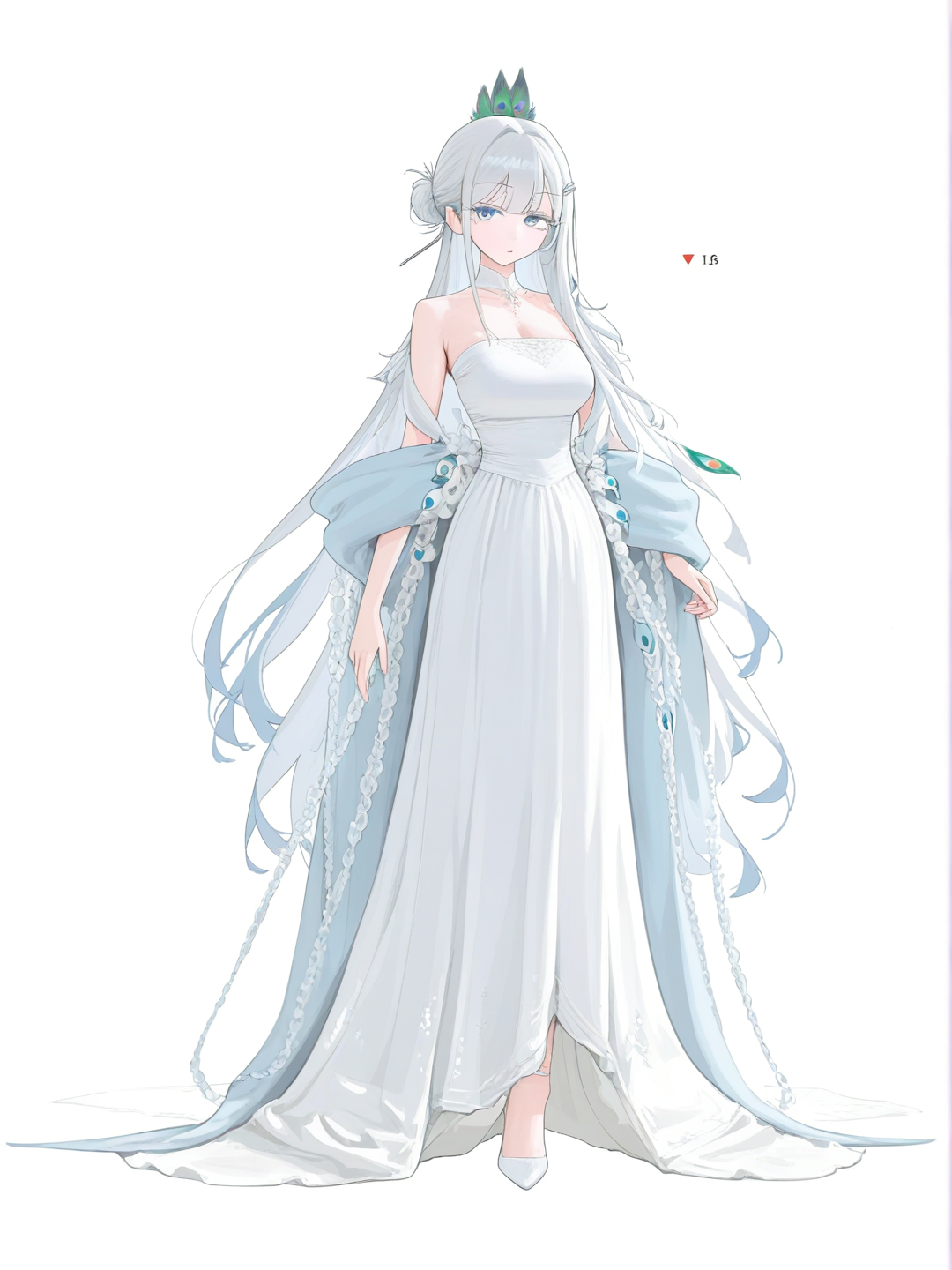 [vibrant-anime-style]1girl, mature, black long hair, hair bun, peacock feather hair clip, silver hair accessory, blue eyes, red lipstick, elegant dress, feminine clothing, single character, full body, looking at viewer, anime style, simple background, white background