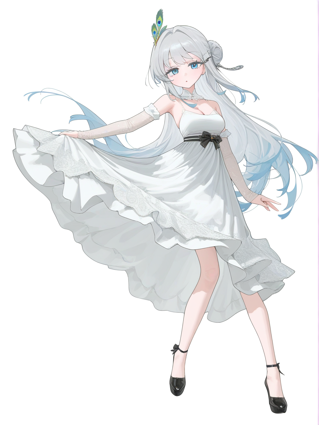 [vibrant-anime-style]1girl, mature, black long hair, hair bun, peacock feather hair clip, silver hair accessory, blue eyes, red lipstick, elegant dress, feminine clothing, single character, full body, looking at viewer, anime style, simple background, white background